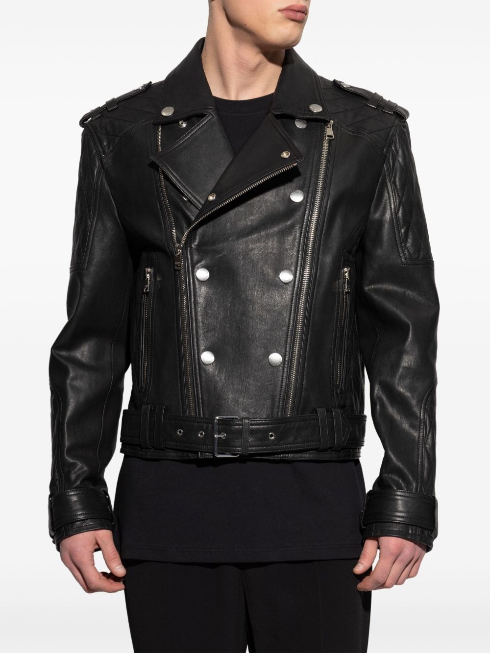 double-breasted leather biker jacket - 3