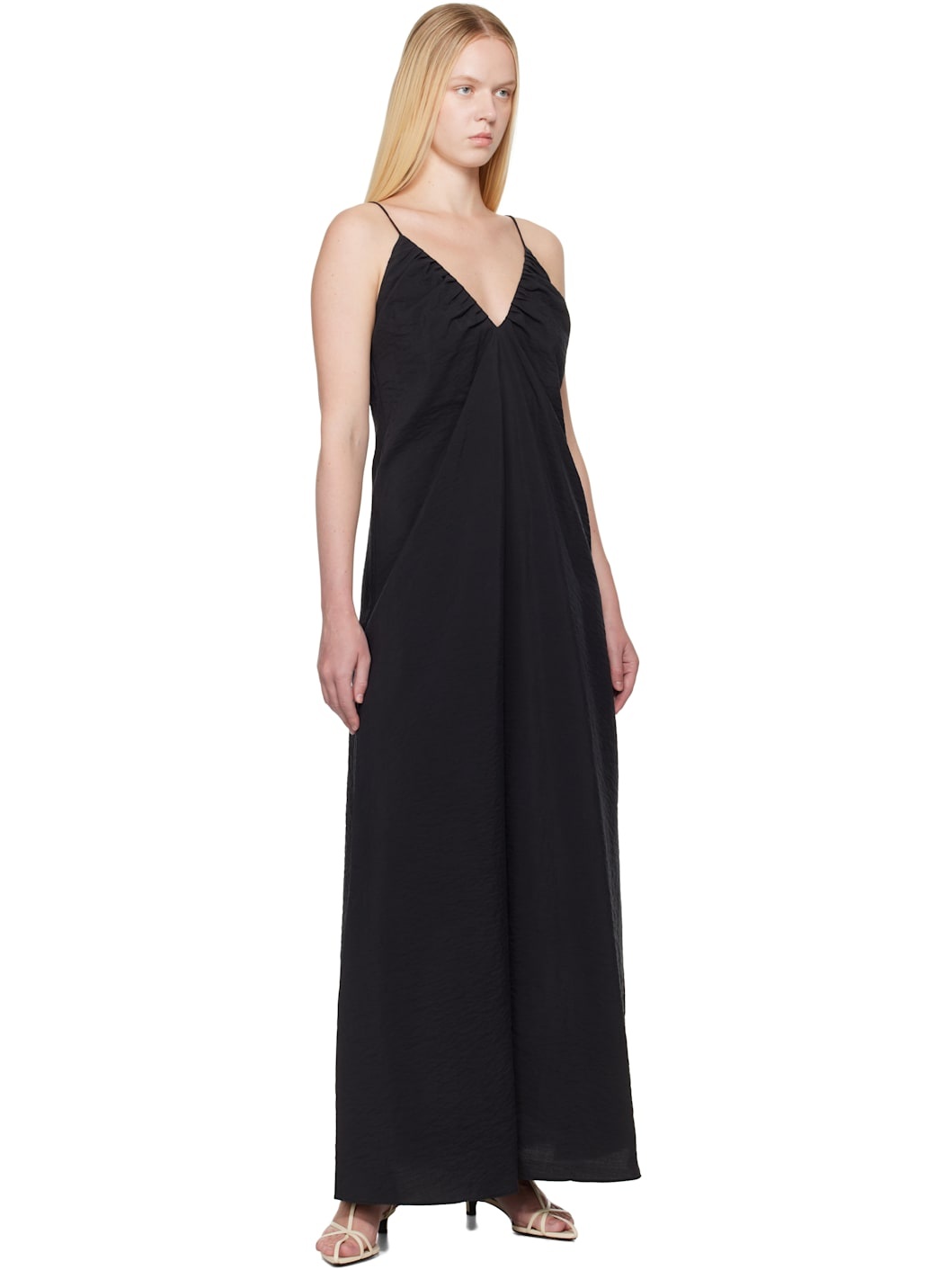 Black Hammered Silk V-Neck Strap Maxi Dress - 4