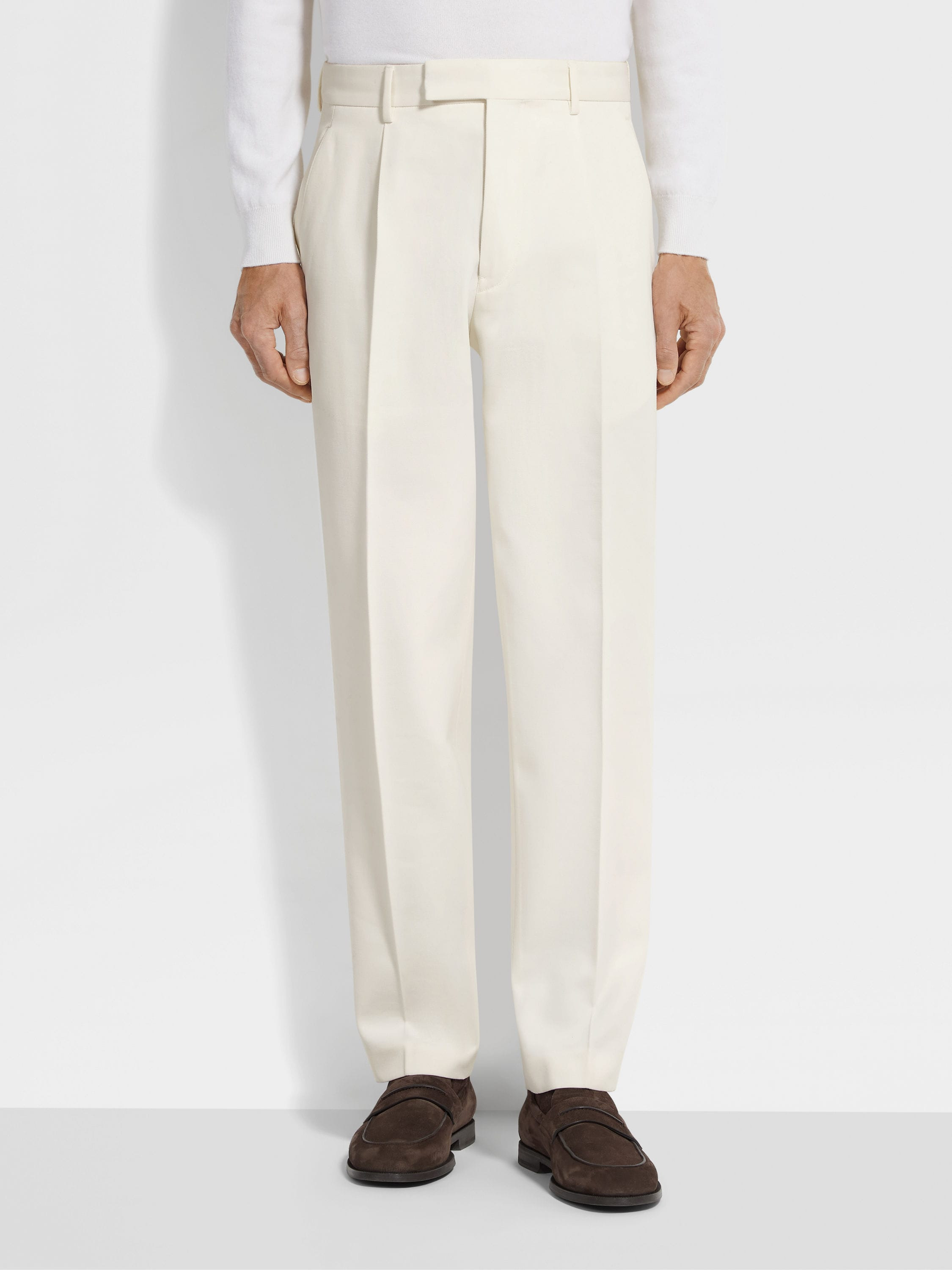 WHITE COTTON AND WOOL PANTS - 4