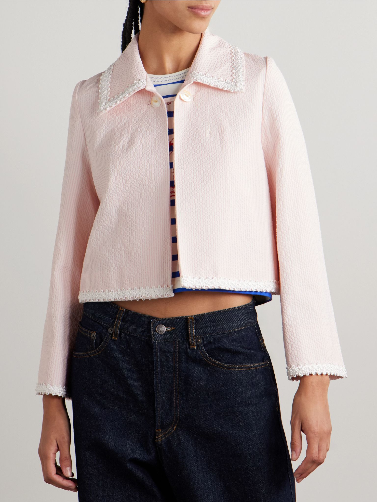 Cropped appliquéd striped cotton-blend seersucker jacket Baby pink - 3