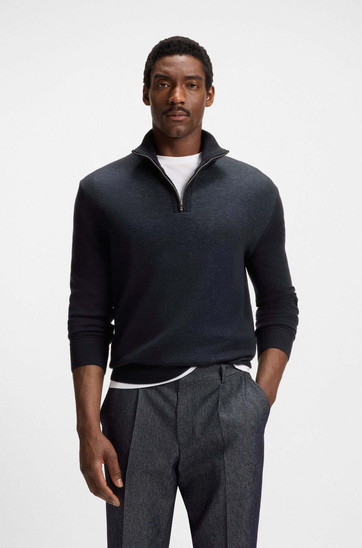 ZIP-NECK SWEATER WITH STRUCTURED WOOL-COTTON FRONT - 2