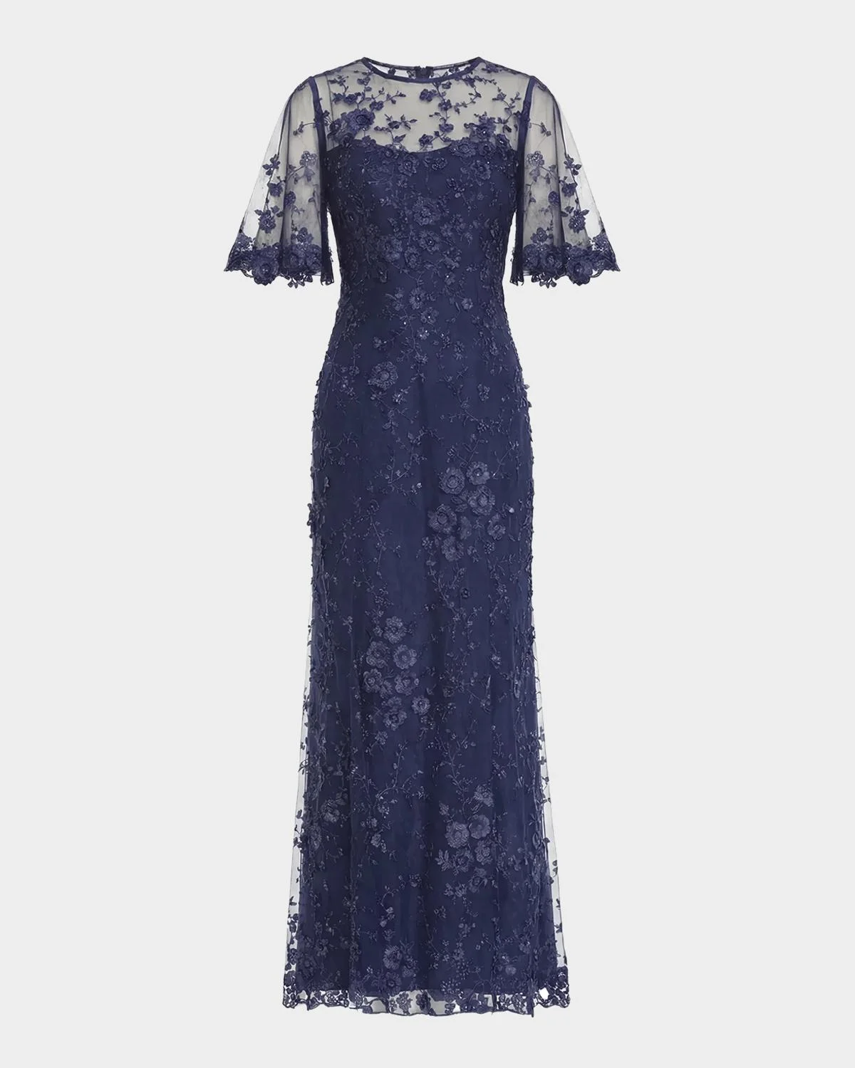 Flutter-Sleeve Embroidered Lace Gown - 1
