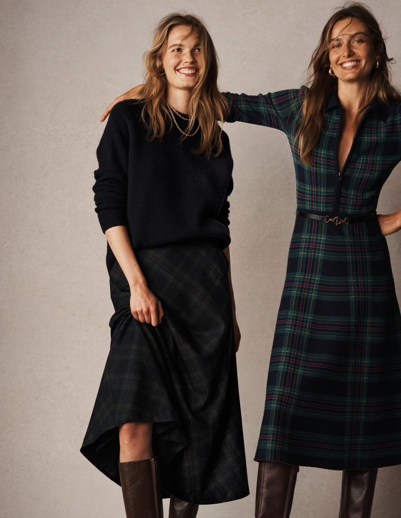 Hayley Wool Midi Skirt-Navy and Green Tonal Check 6