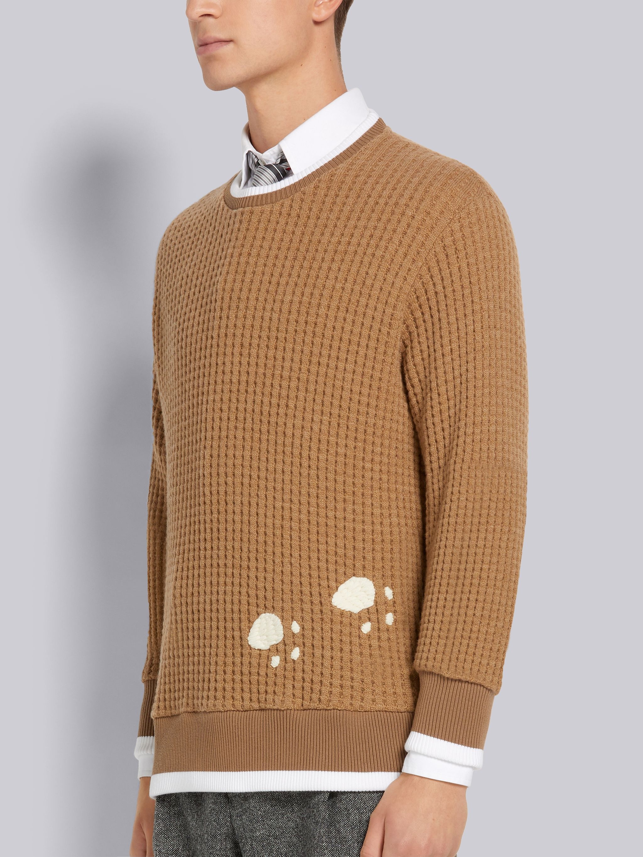 Camel Chunky Wool Waffle Engineered Bear Embroidery Relaxed Fit Crew Neck Sweatshirt - 2