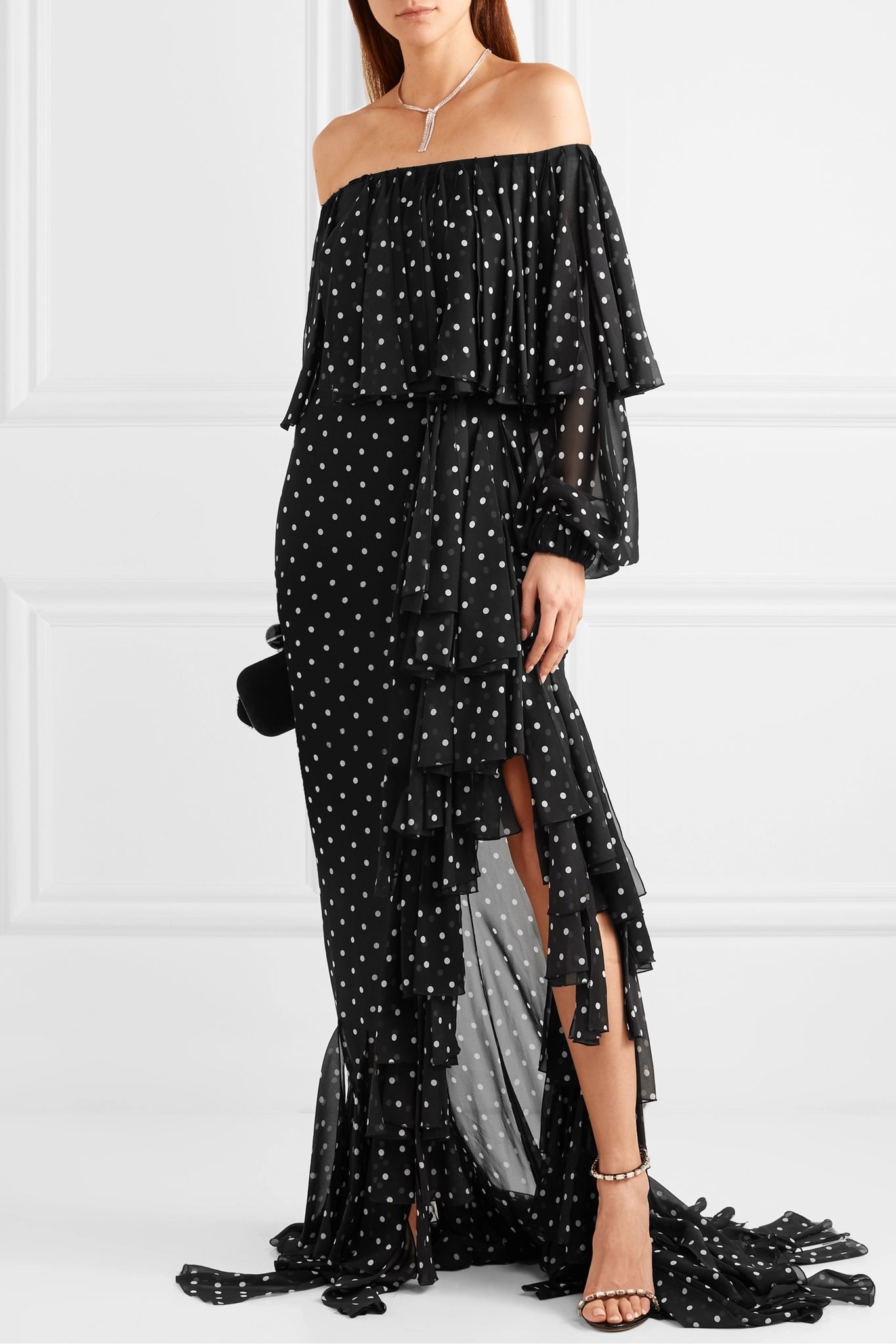 Off-the-shoulder ruffled polka-dot silk-chiffon maxi dress - 2