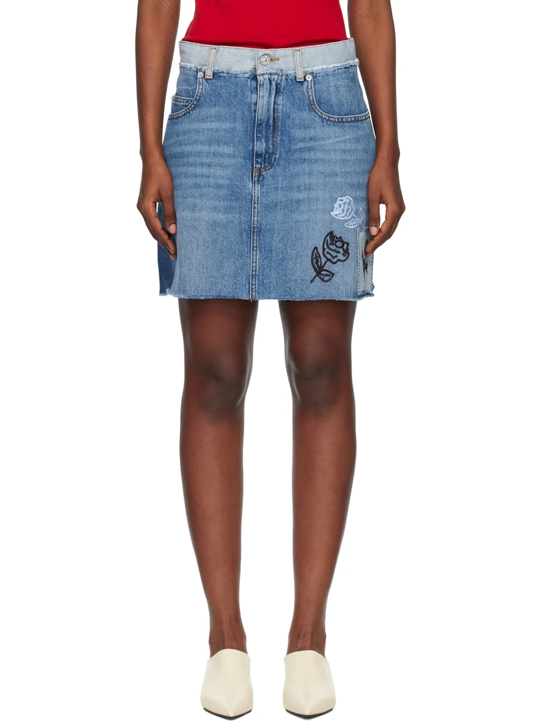 Blue Stone Washed Patches Denim Miniskirt - 1