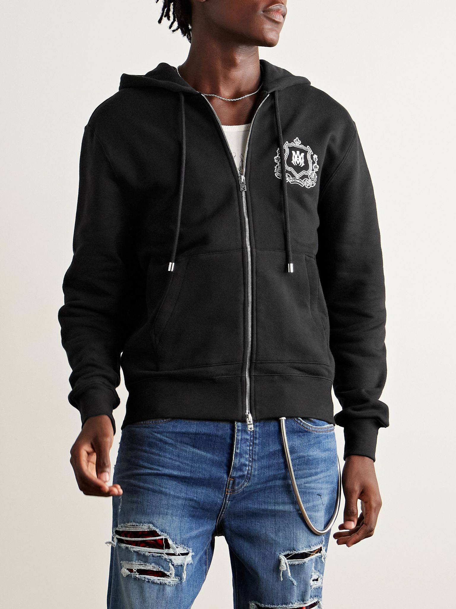 Logo-Embroidered Cotton-Jersey Zip-Up Hoodie Black - 3
