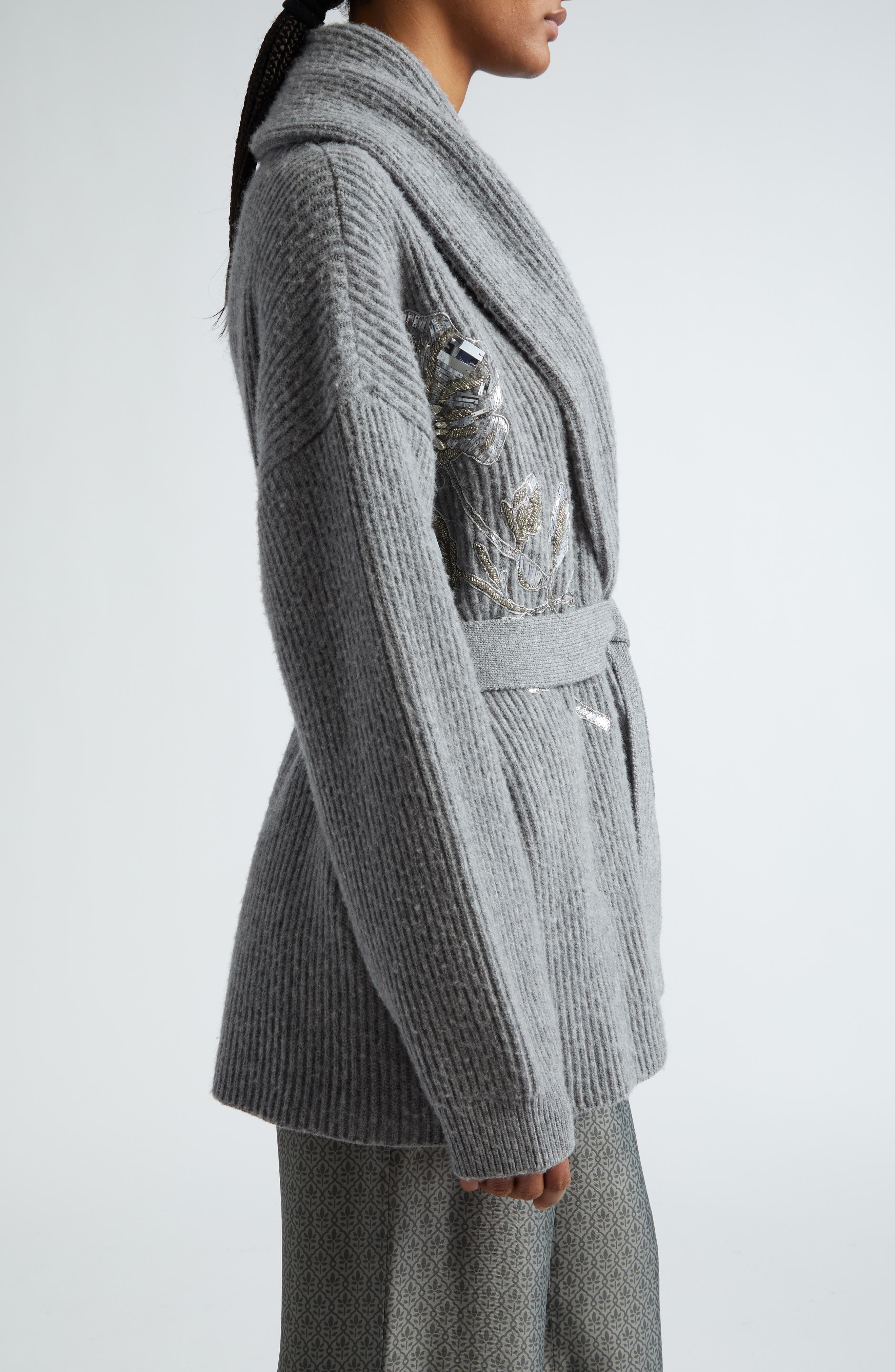 Golden Goose Embellished Virgin Wool Belted Cardigan in Grey Melange at Nordstrom - 4