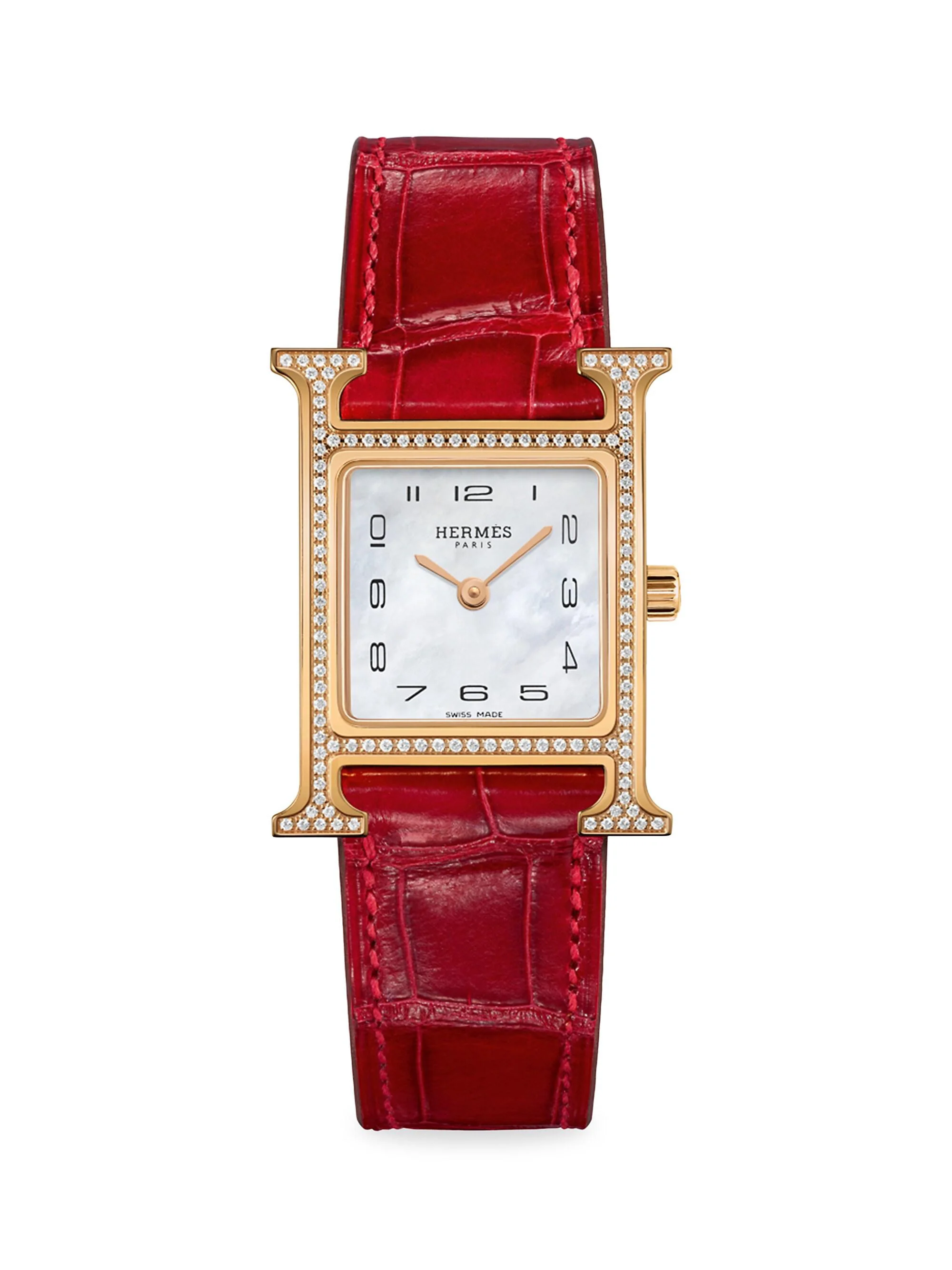 Women's Heure H 25MM 18K Rose Gold, Diamond & Alligator Strap Watch - Red - 1
