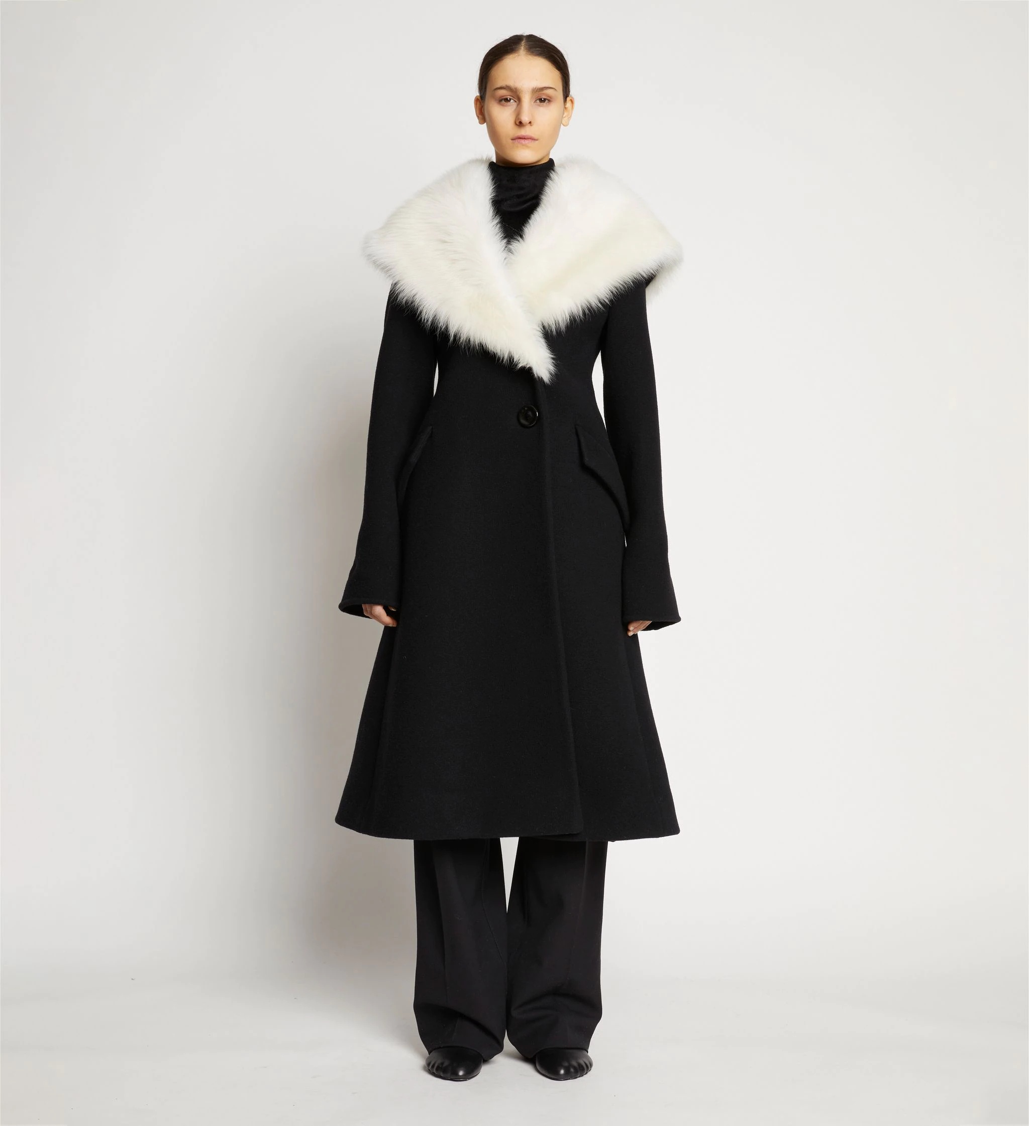 Double Face Wool Melton Shearling Lapel Coat - 2