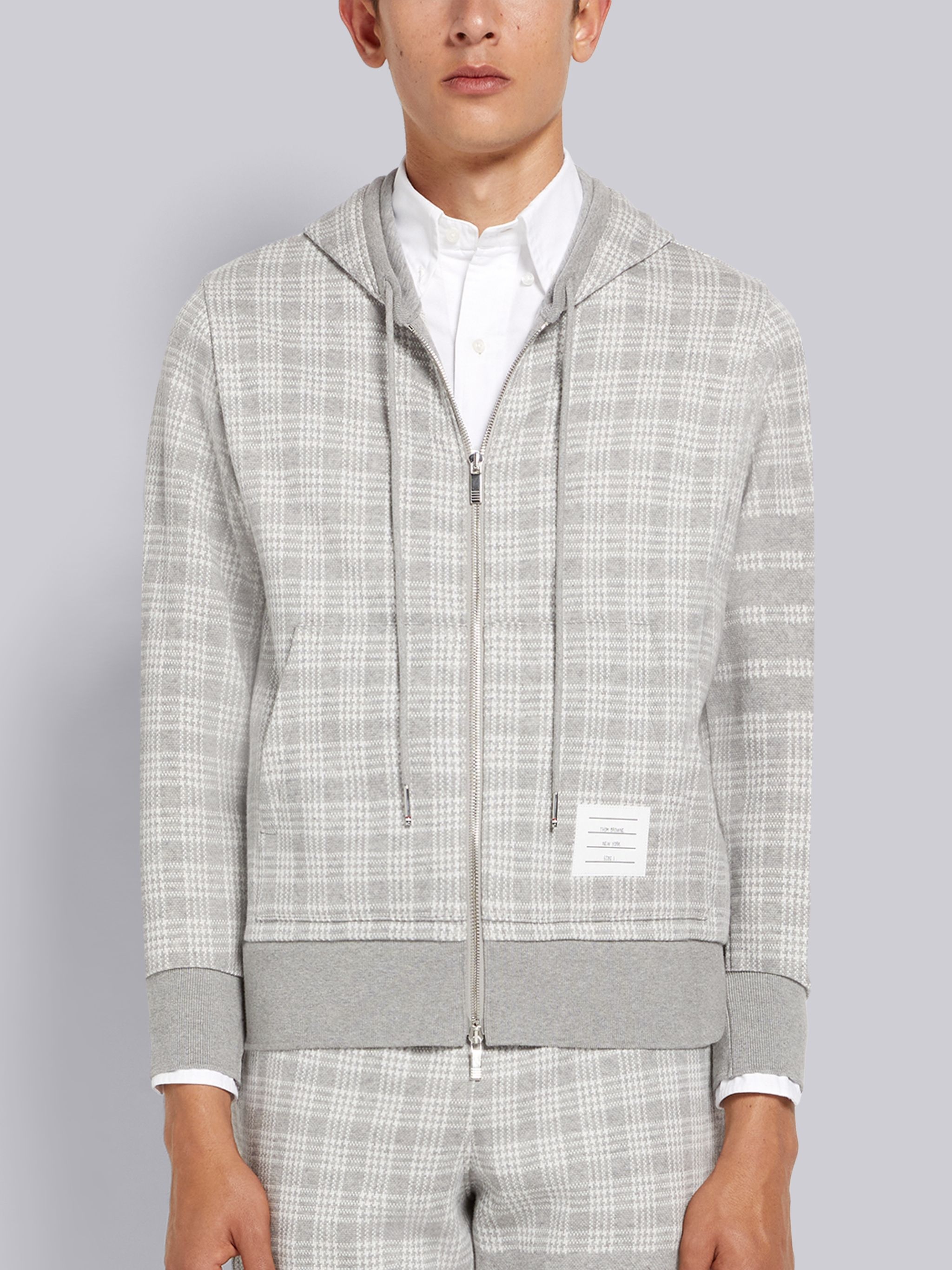 Light Grey Micro Check Jacquard 4-Bar Zip up Hoodie - 1