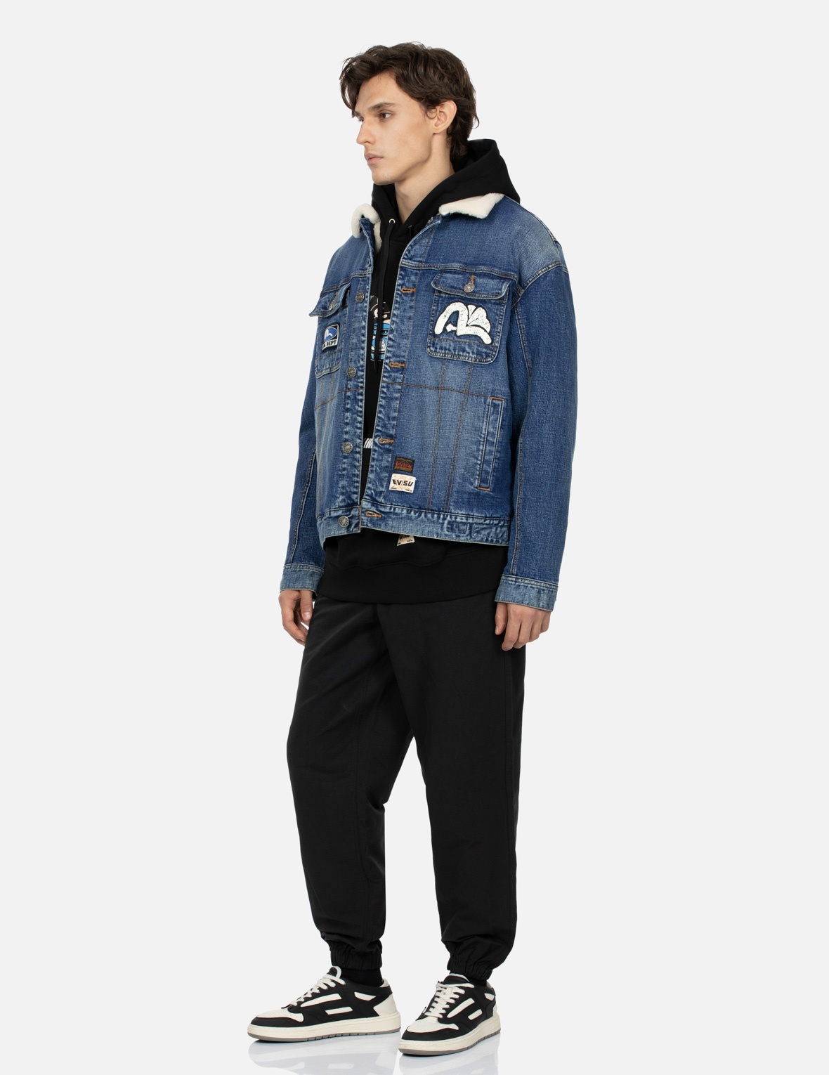 PEEPING GODHEAD AND OIL DRUM PRINT LOOSE FIT SHERPA DENIM JACKET - 4