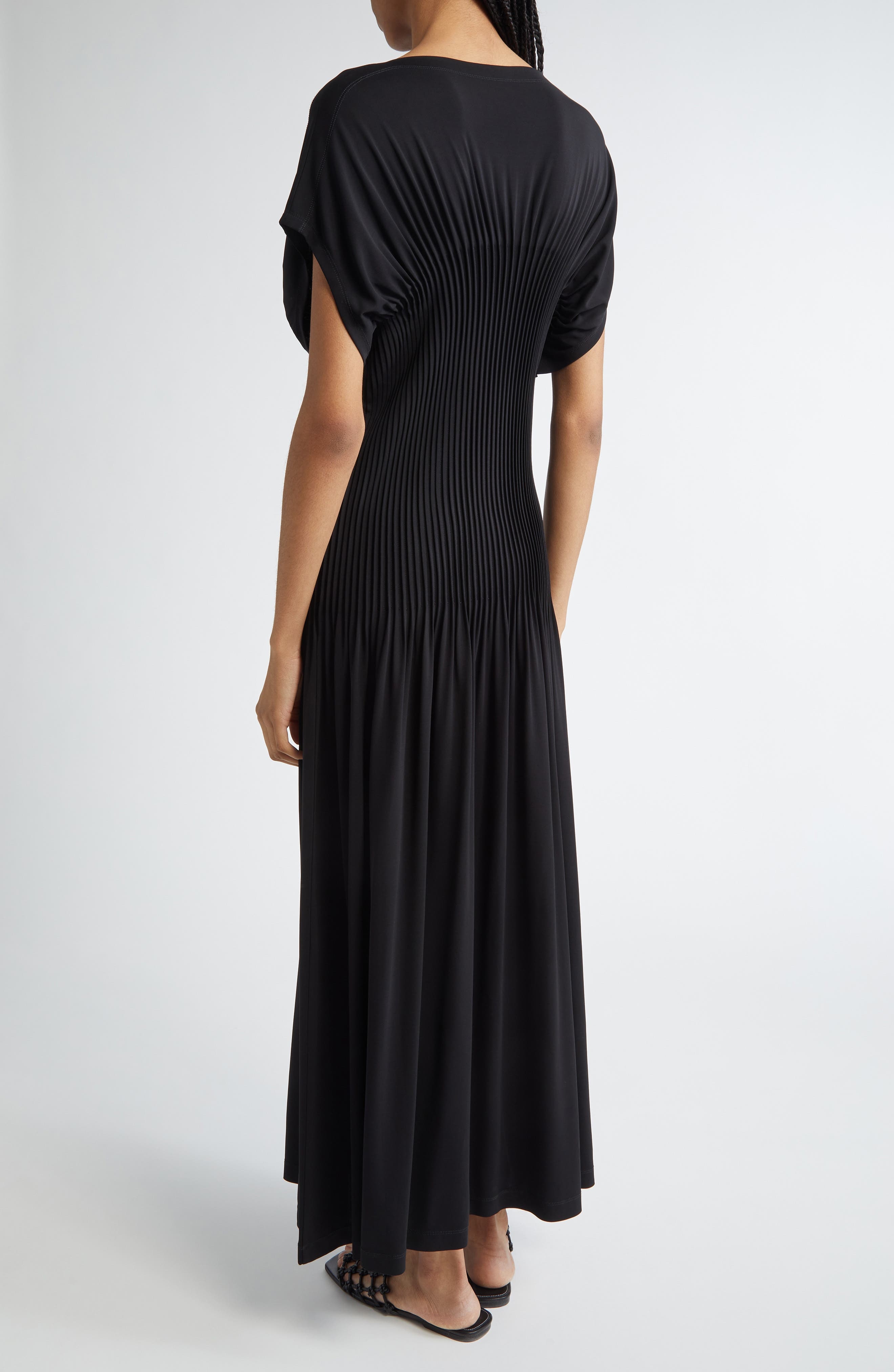 TOTEME Knife Pleated Cap Sleeve Jersey Maxi Dress in Black at Nordstrom - 2