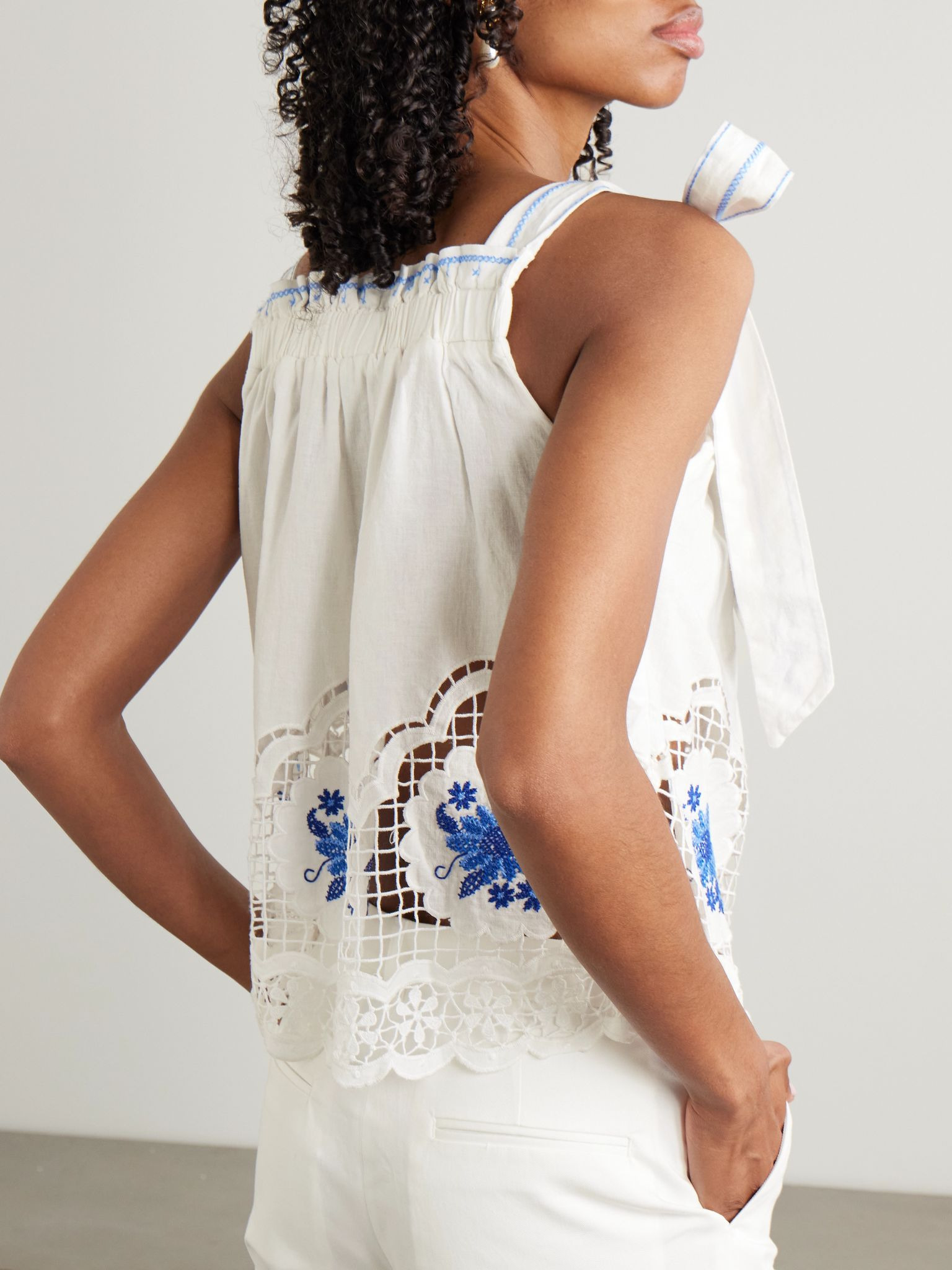 Daisy embroidered linen-blend gauze and lace top White - 3