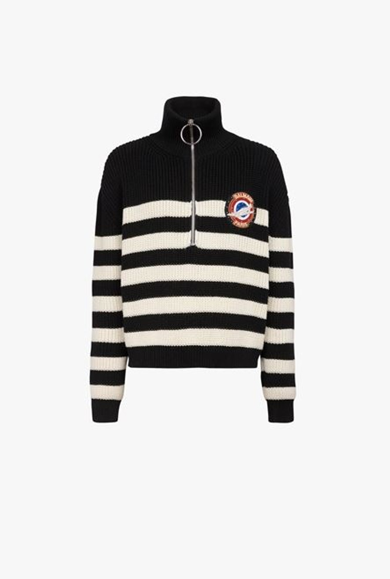Black wool turtleneck sweater with white stripes and Balmain badge 1