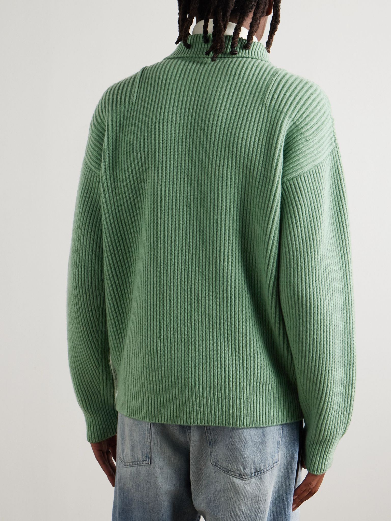 Ribbed Wool Zip-Up Cardigan Green - 3