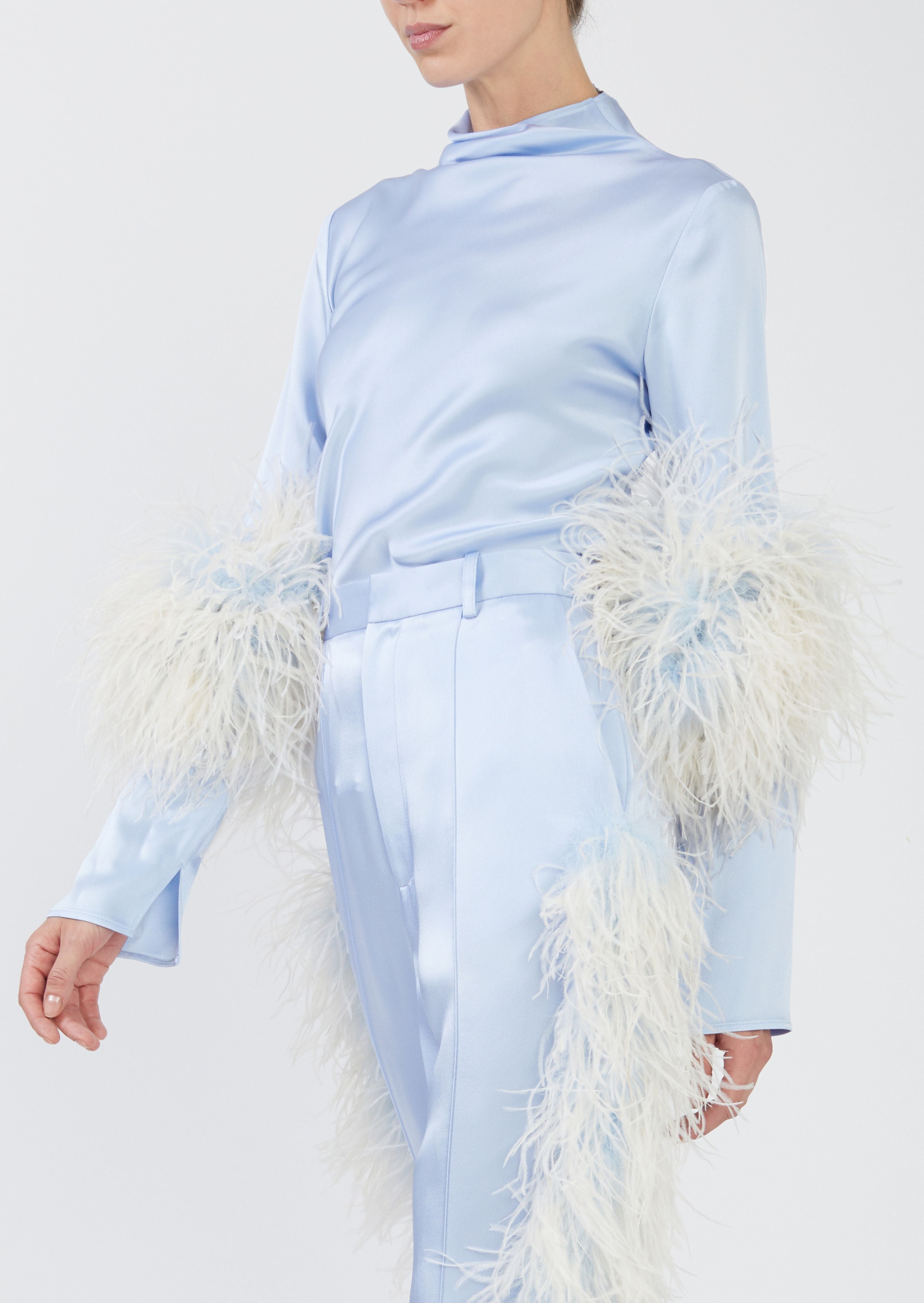 Satin Bias Mock Neck Top With Feathers - 3