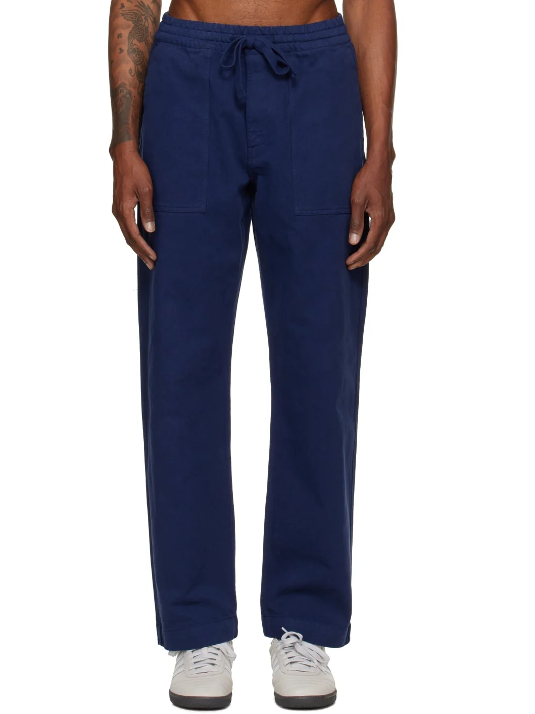 Navy Cotton Twill Drawstring Worker Trousers - 1