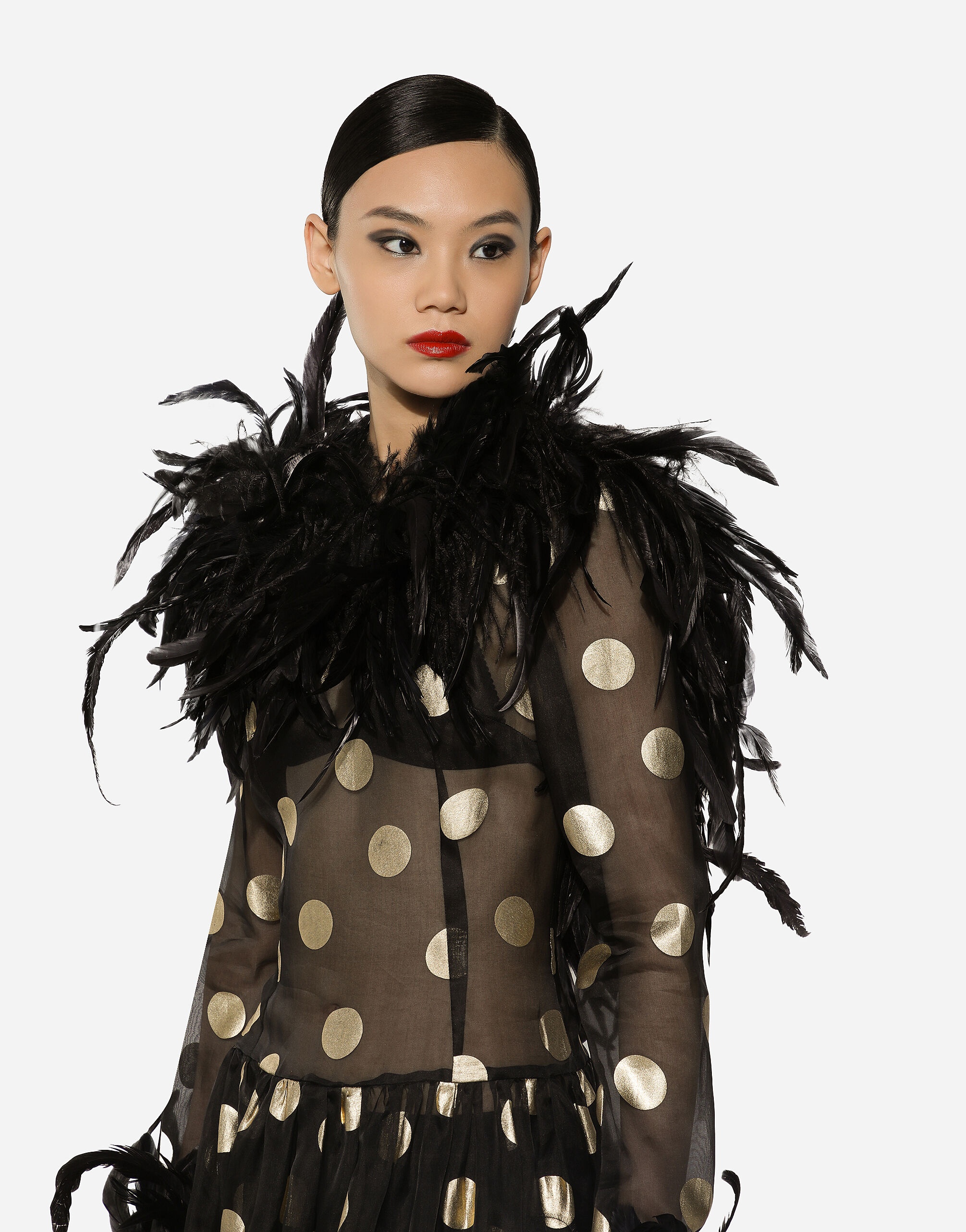 Long polka-dot silk organza dress with feathered details - 6