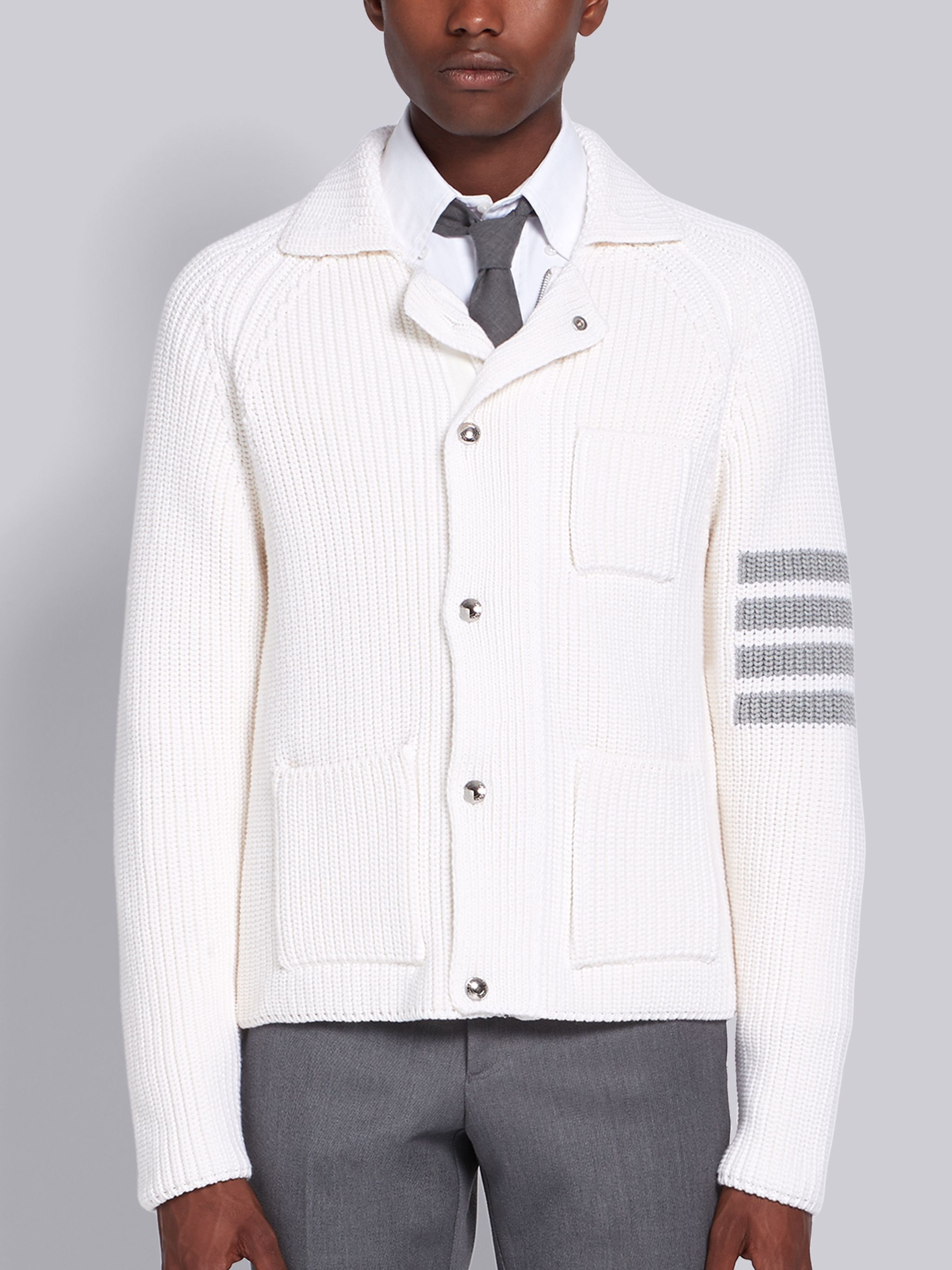 White Wool Cardigan Stitch 4-bar Jacket  - 1