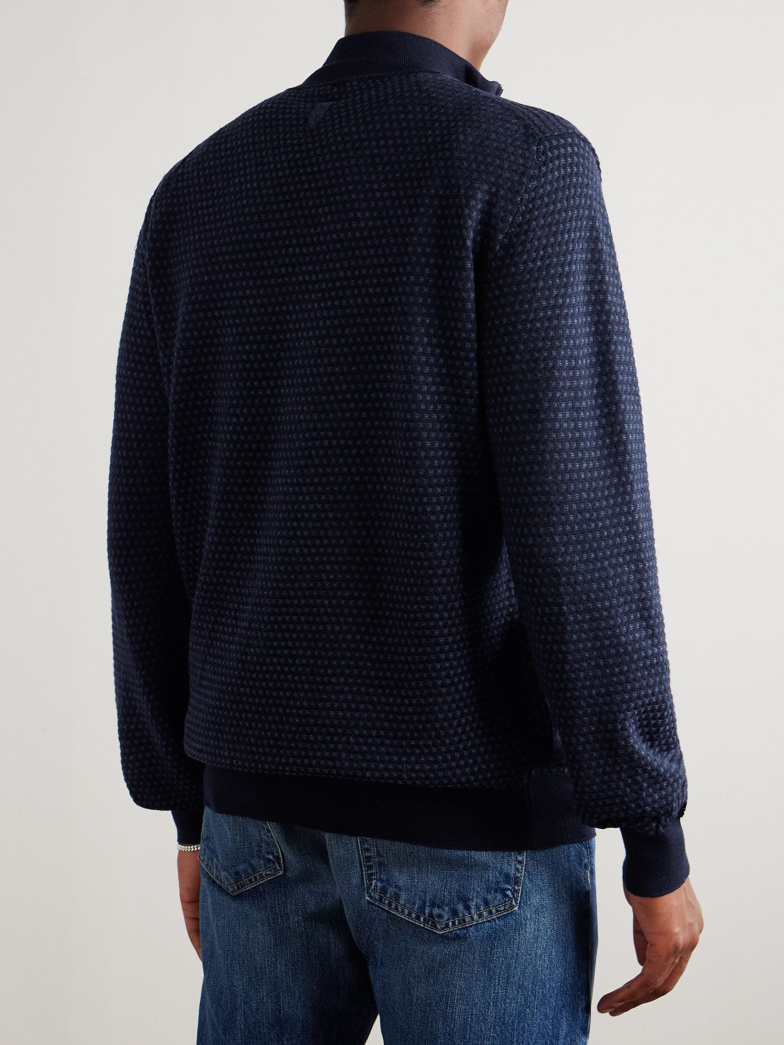Basketweave Jacquard-Knitted Wool Half-Zip Polo Shirt Blue - 3