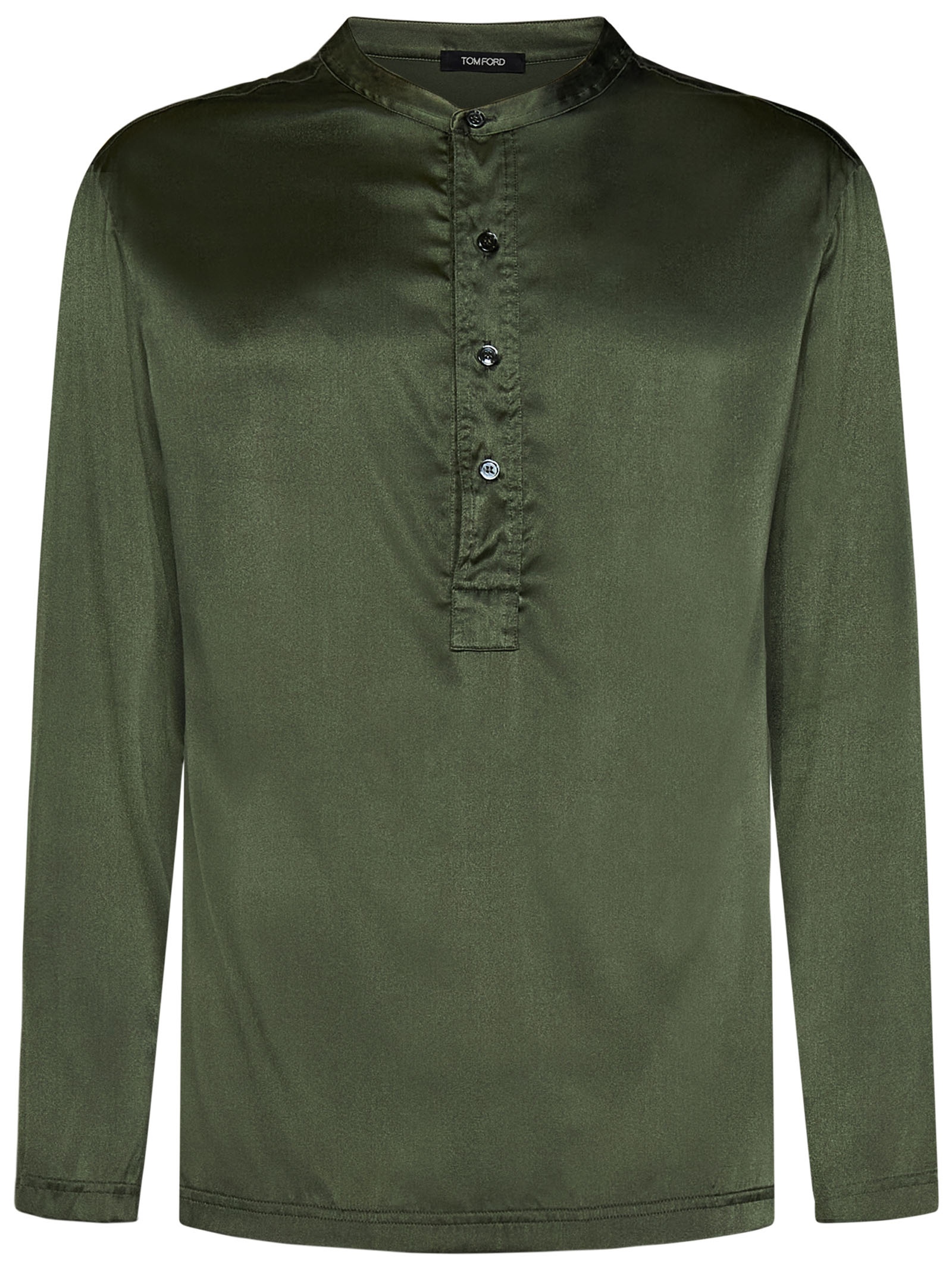 Military-colored stretch silk pajama shirt with henley collar and logo label. - 1