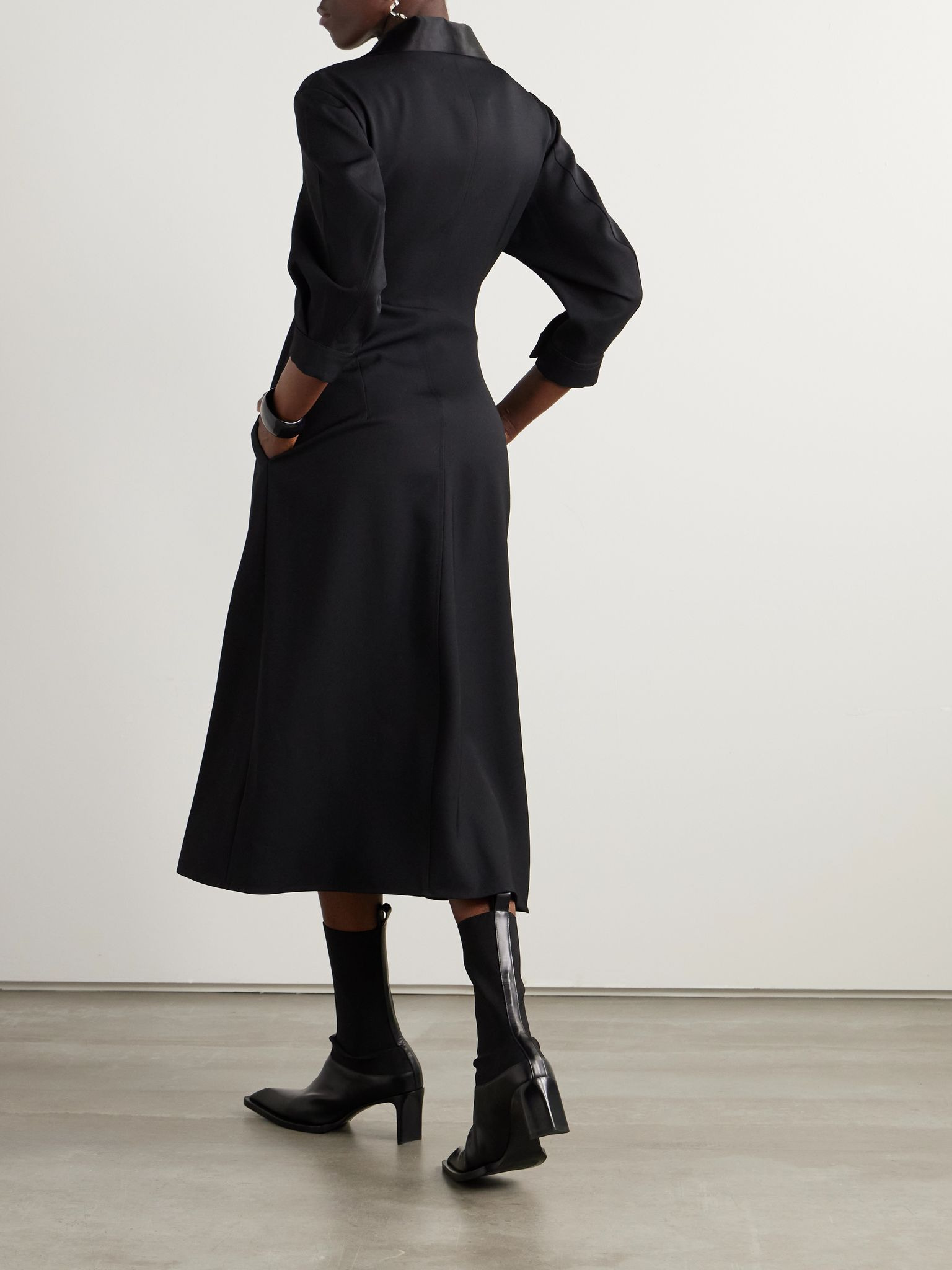 Asymmetric satin-trimmed wool-twill midi shirt dress Black - 3