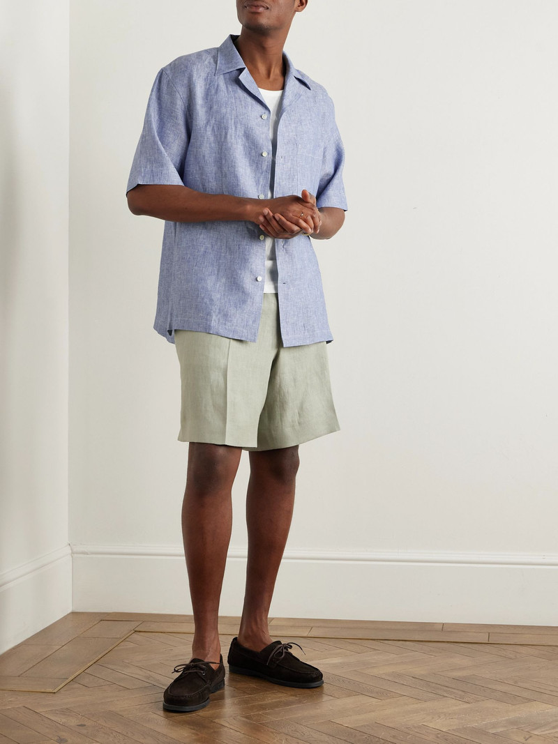 Loro Piana Federico Camp-Collar Linen Shirt Blue outlook