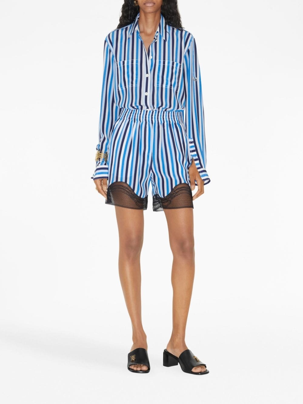 lace-trim striped silk shorts - 2
