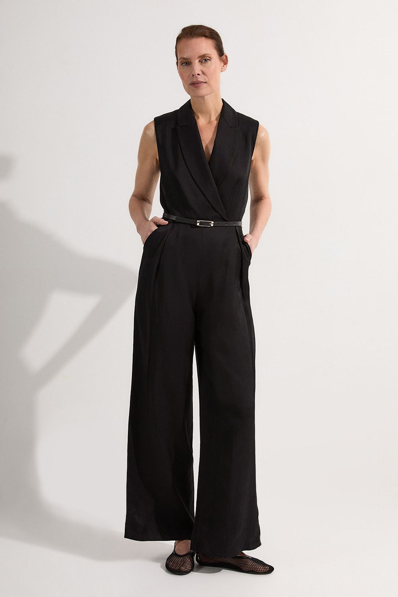 Premium Viscose Linen Tailored Belted Wide Leg Jumpsuit 1