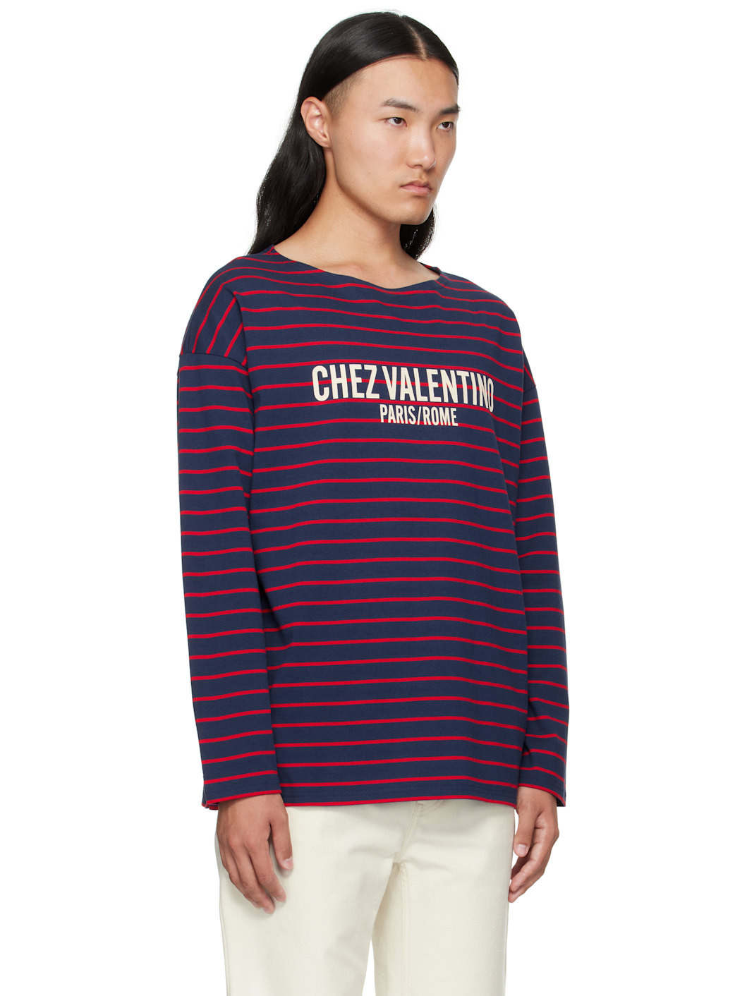 Red & Navy 'Chez Valentino' Print Long-Sleeved Cotton T-shirt - 2