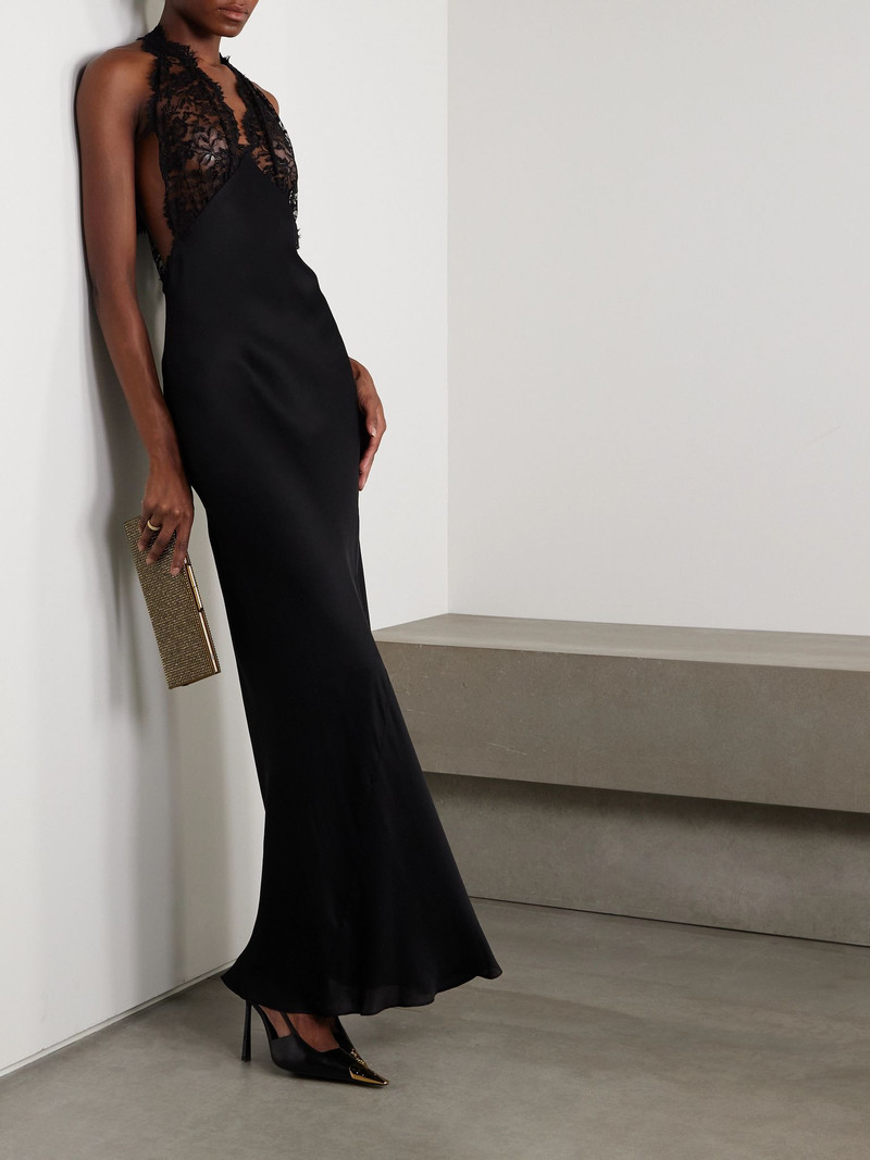 SAINT LAURENT Lace-trimmed silk-charmeuse halterneck gown Black outlook