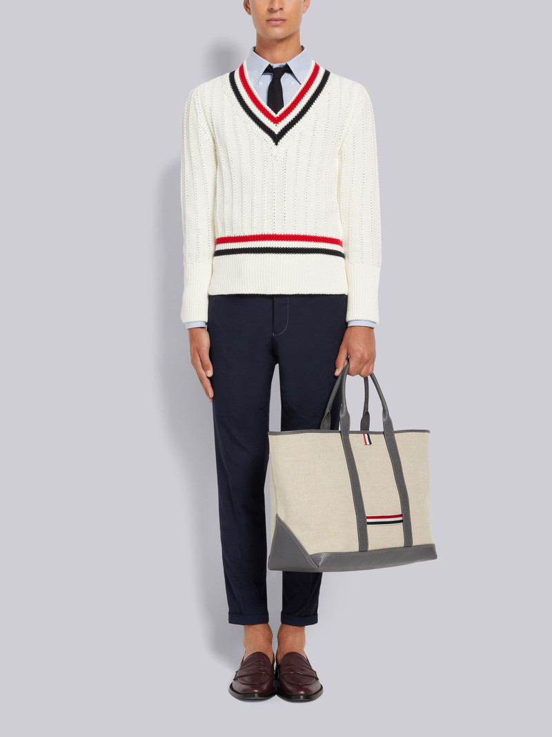 White Cotton Stripe Trim Cable Knit V-Neck Pullover 4