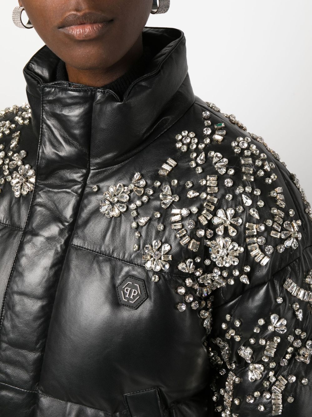 crystal-embellished leather puffer jacket - 5