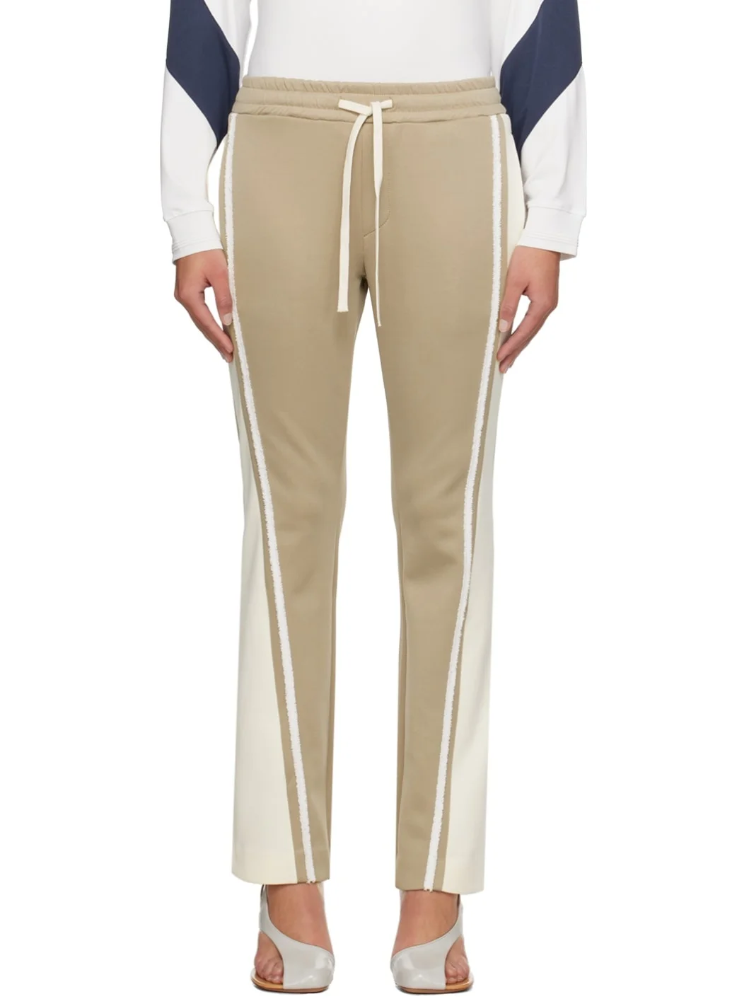 Beige & Off-White Flared Tape Track Pants - 1