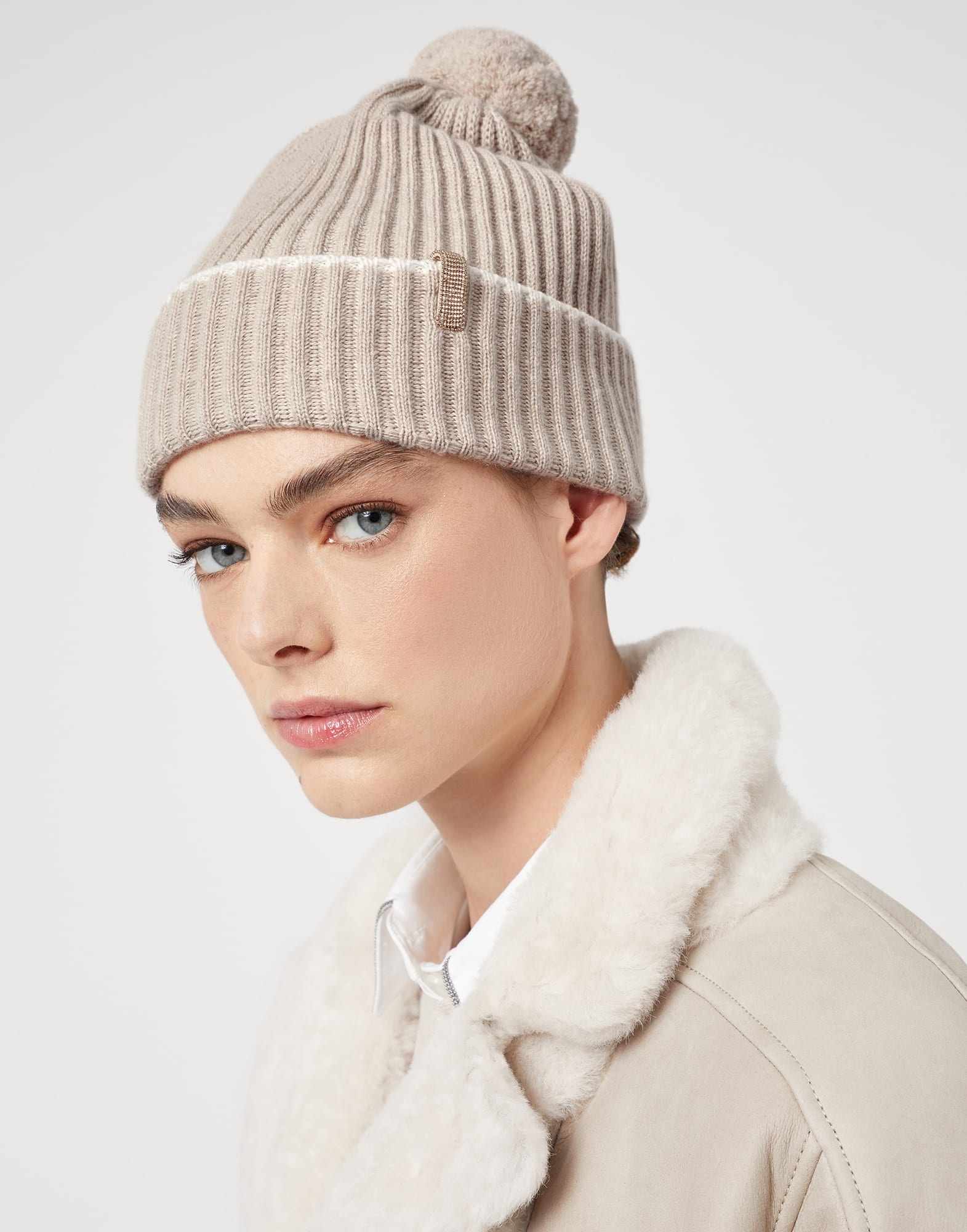 Cashmere rib knit beanie with pompom and monili - 3