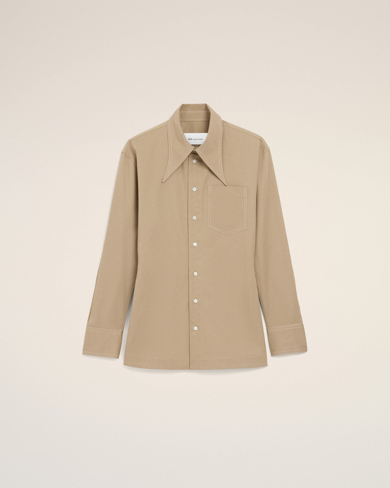 BEIGE COTTON SHARP COLLAR FITTED SHIRT 1