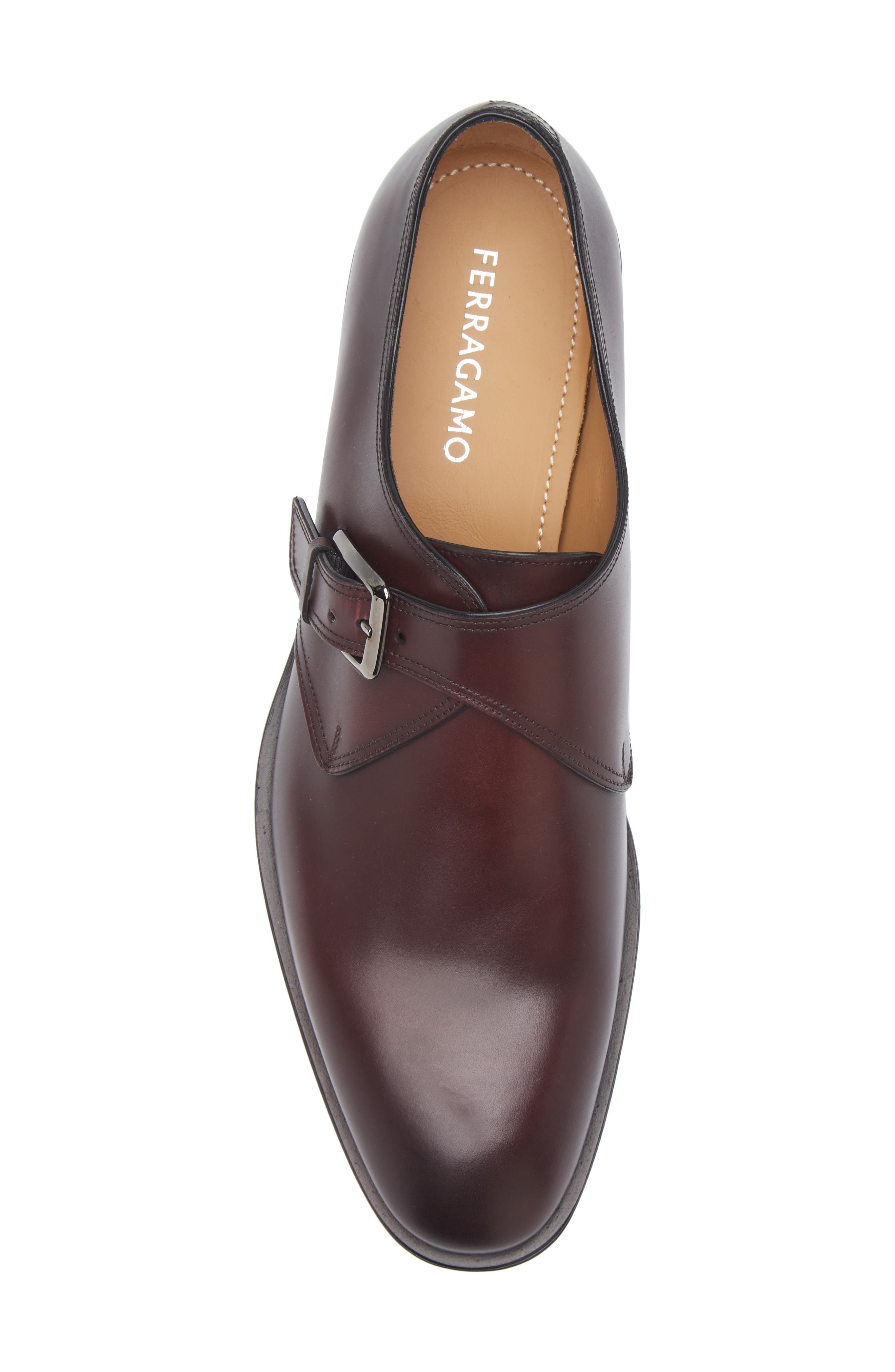FERRAGAMO Argo Plain Toe Monk Shoe in Cordovan Nero New Biscotto at Nordstrom - 5