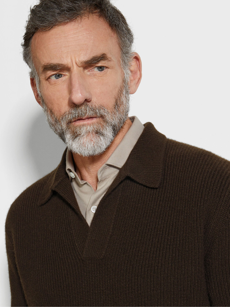 ZEGNA DARK BROWN MÉLANGE OASI CASHMERE POLO SHIRT outlook