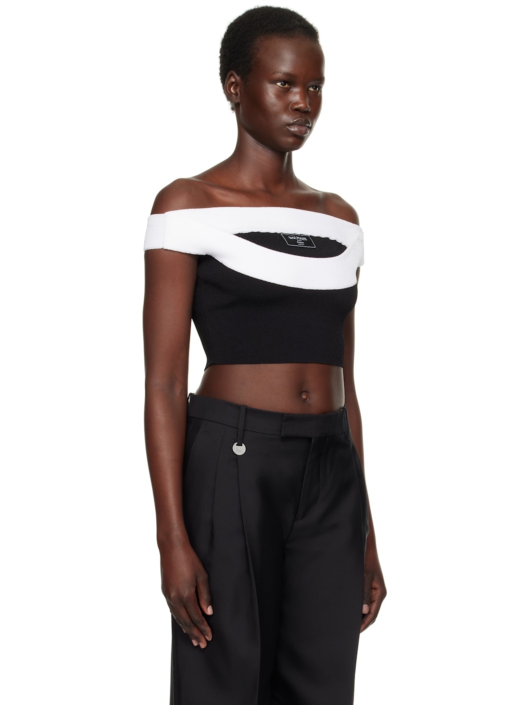Black & White Two-Tone Knit Cropped Top - 2