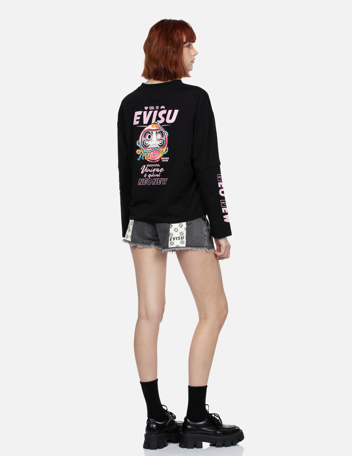 FAUX TWO-PIECE DARUMA AND LOGO PRINT REGULAR FIT T-SHIRT - 3