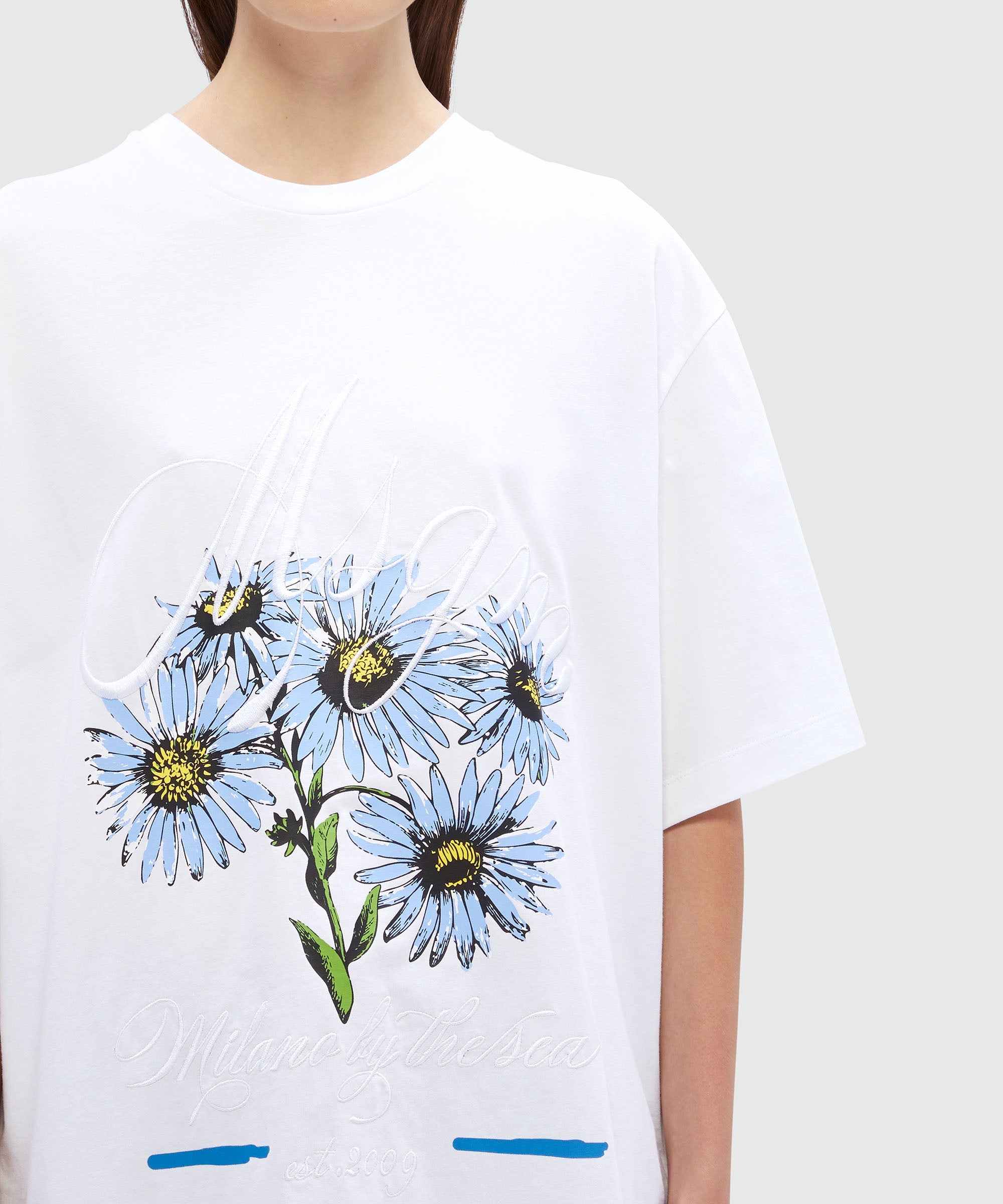White cotton T-Shirt with embroidery and flower graphics - 5