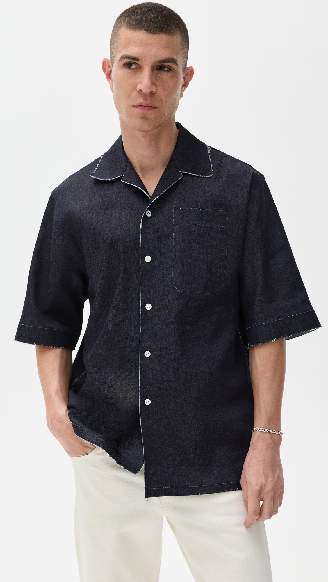 Trompe L'Oeil Stretch Denim Bowling Shirt - 6