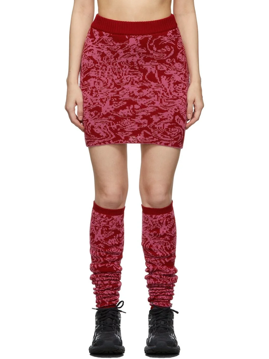 Red & Pink Jacquard Knitted Skirt - 1
