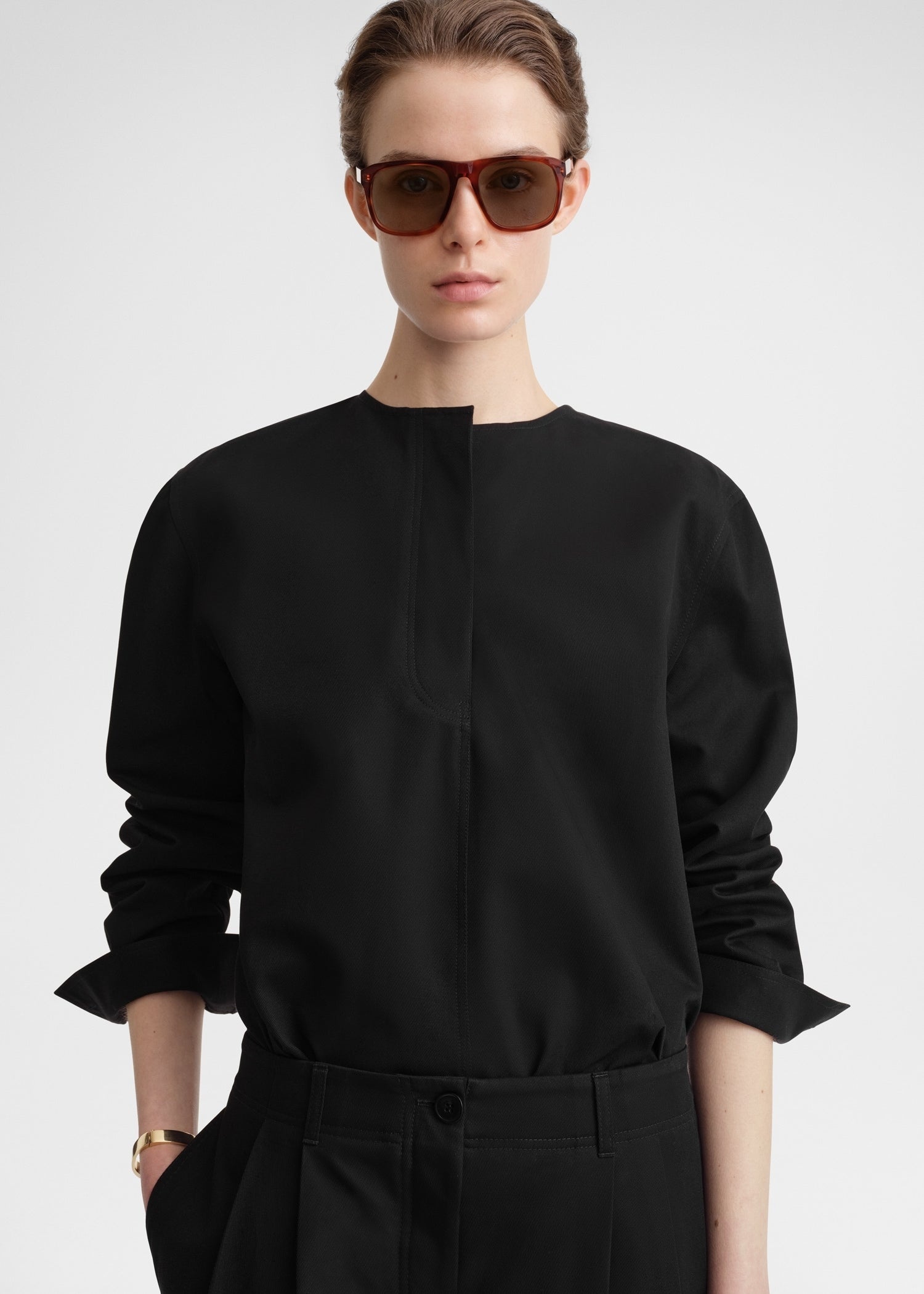 Collarless cotton-twill shirt black - 5
