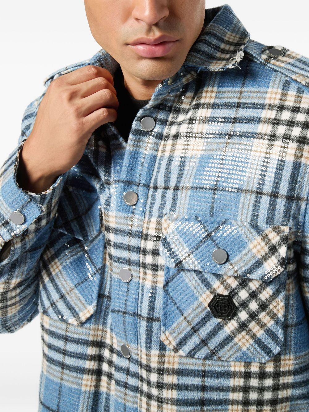 sequin-embellished plaid shirt - 4