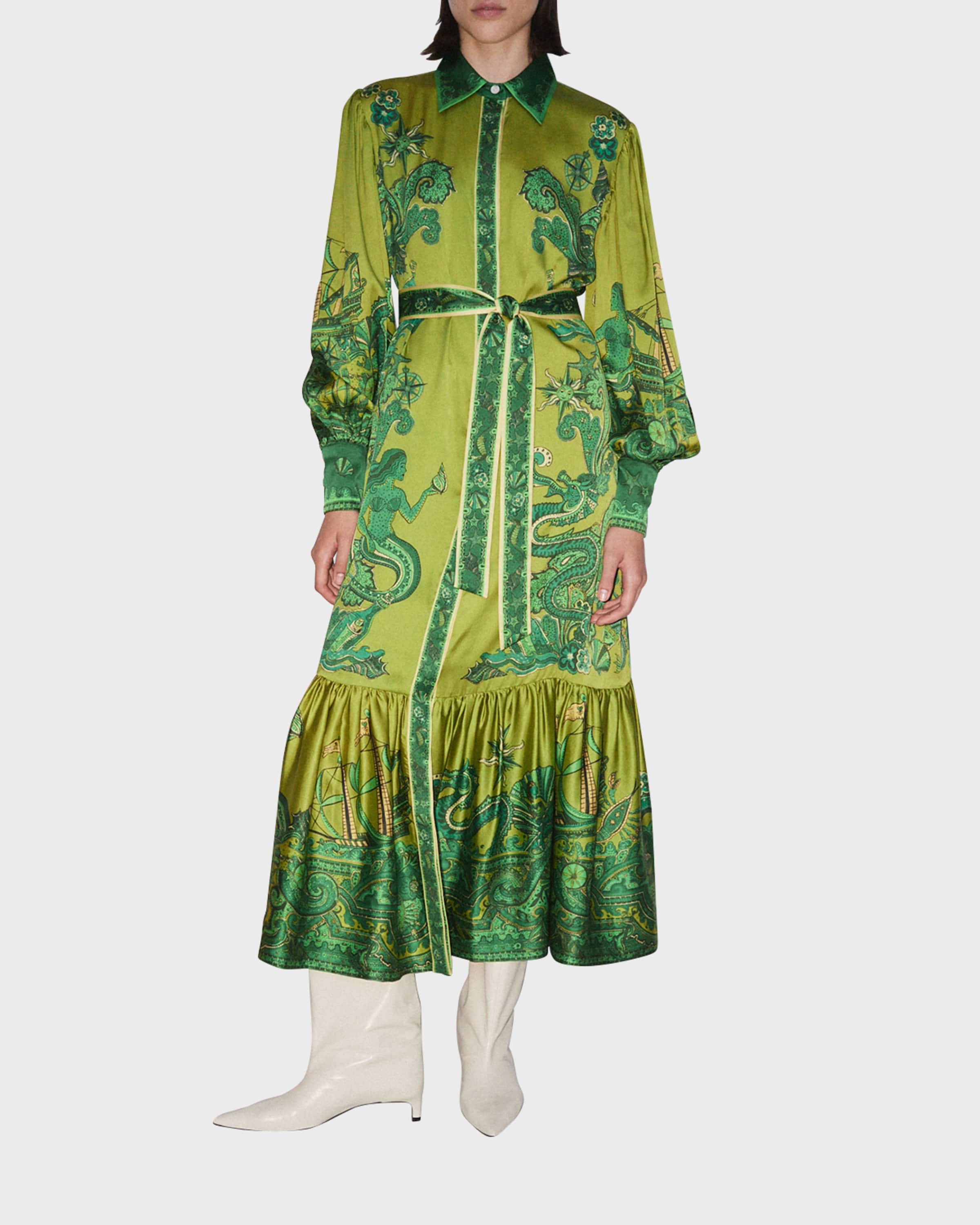 Solaris Silk Twill Belted Lantern-Sleeve Maxi Shirtdress - 1