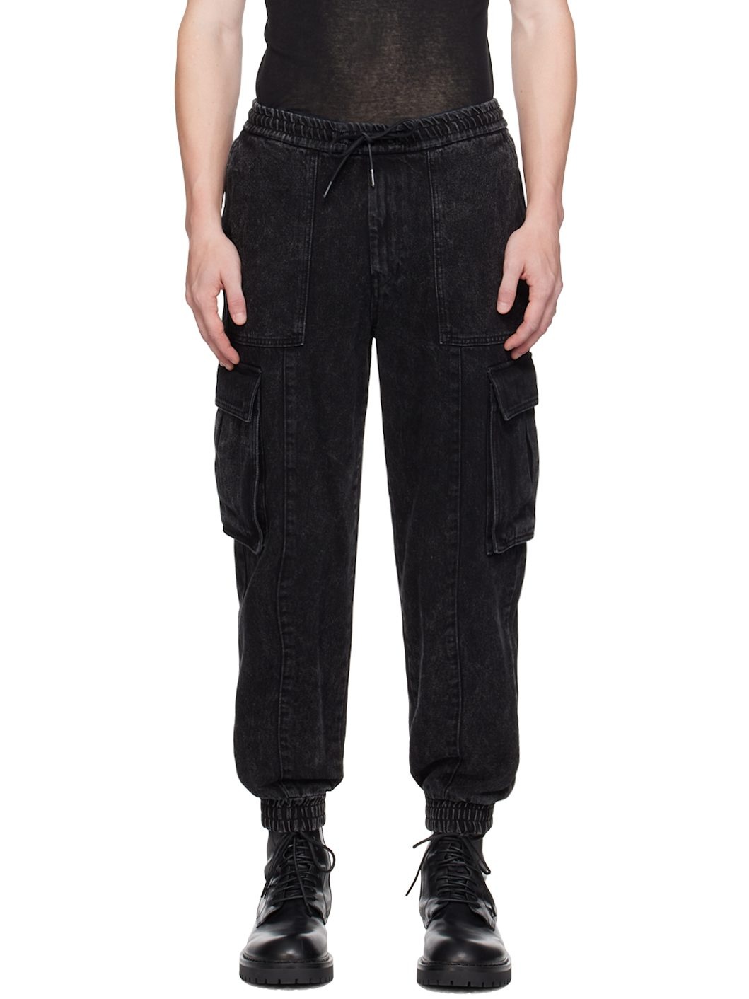 Black Faded Denim Cargo Pants - 1