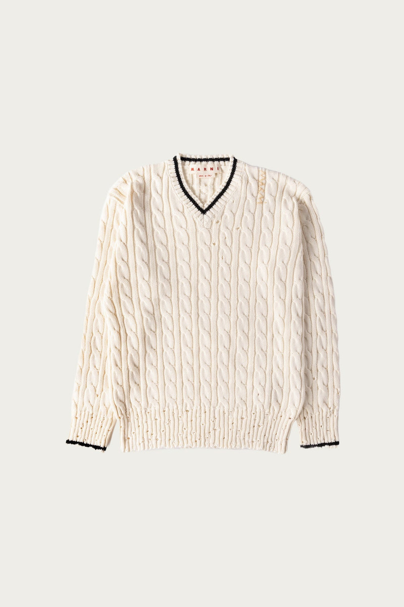 Disheveled Cotton 5G V Neck Sweater - Natural White - 1