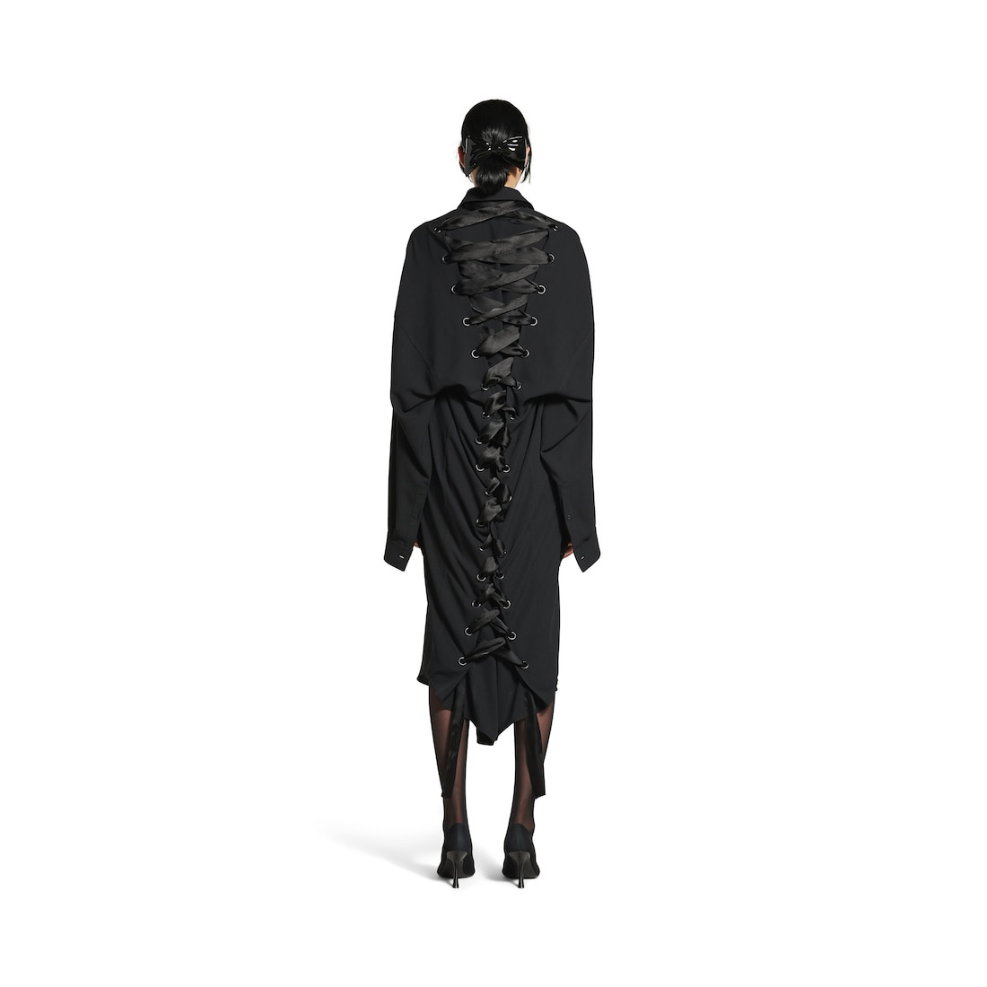 Women's Lace-up Shirt Dress in Black - 4
